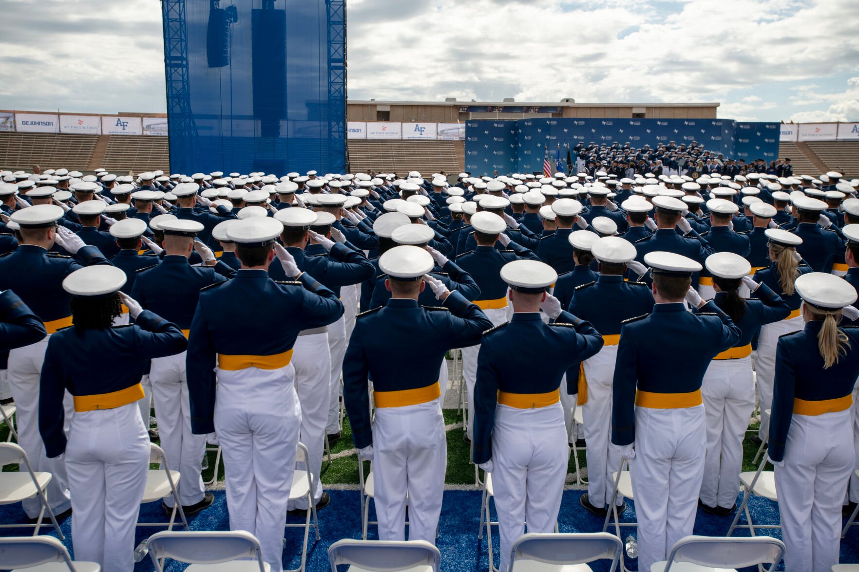 Air Force Academy cadets salute as the National Anthem plays at the beginning of the Academy’s commencement ceremony at Falcon Stadium on Thursday, June 1, 2023. (Parker Seibold, The Gazette) (Parker Seibold)