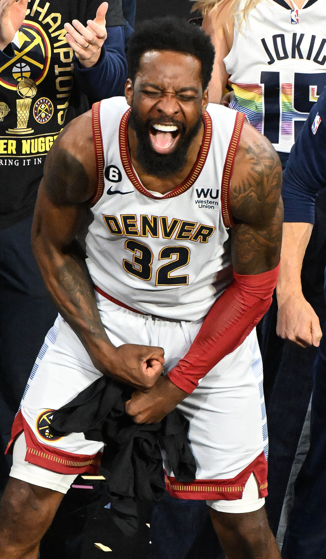 Nuggets Jeff Green celebrates while waiting for the trophy celebration of the NBA Finals at Ball Arena on Monday, June 12, 2023. (Photo by Jerilee Bennett, The Gazette)