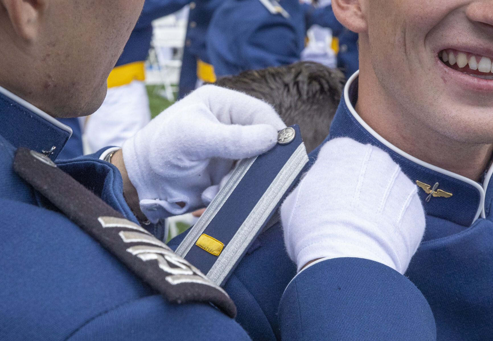 Graduating cadets Zachary Marien and Wala Mannai friends in the same squad pin their new stripes to each others shoulder after the U.S. Air Force Academy Class of 2023 Graduation at Falcon Stadium on the U.S. Air Force Academy campus in Colorado Springs, Co., on Thursday, June 1, 2023. (GabiBroekemaPhoto Interngabi.broekema@gazette.comhttps://secure.gravatar.com/avatar/9aa2a13da1acfaa50410cb37bf21fdb1?d=mm&r=g)
