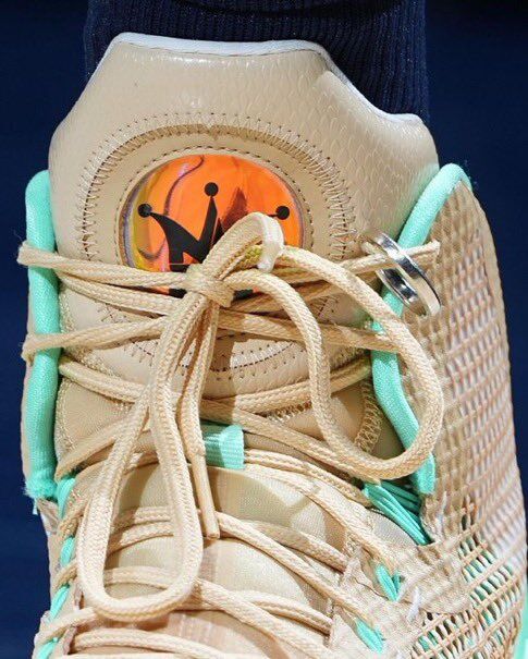 Nikola Jokic’s wedding ring tied to his shoe during a game in this photo posted to Twitter by NBA Retweet. (NBA Retweet via Twitter)
