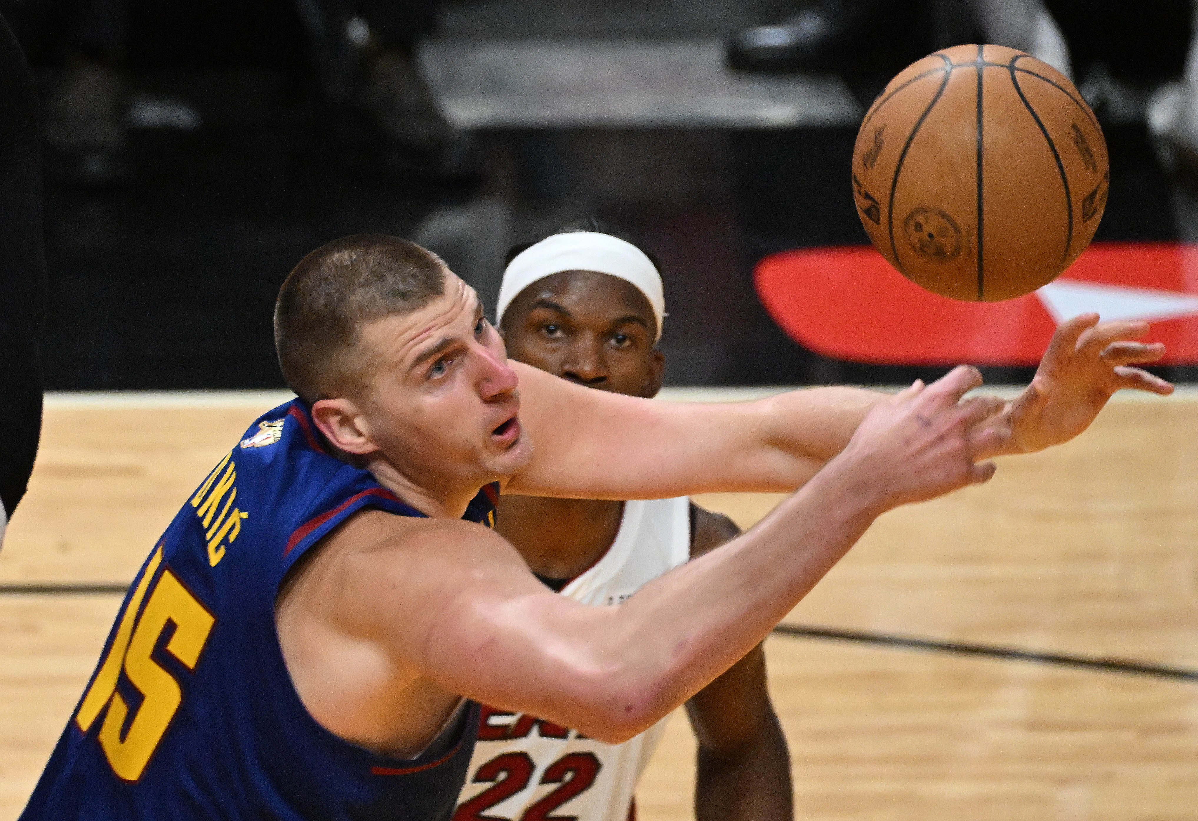 Denver Nuggets center Nikola Jokic (15) goes for a rebound during the 2nd quarter of the game 3 at at the Kaseya Center in Miami during the first quarter of Game 3 of the NBA Finals on Wednesday, June 7, 2023. (Photo by Jerilee Bennett, The Gazette)