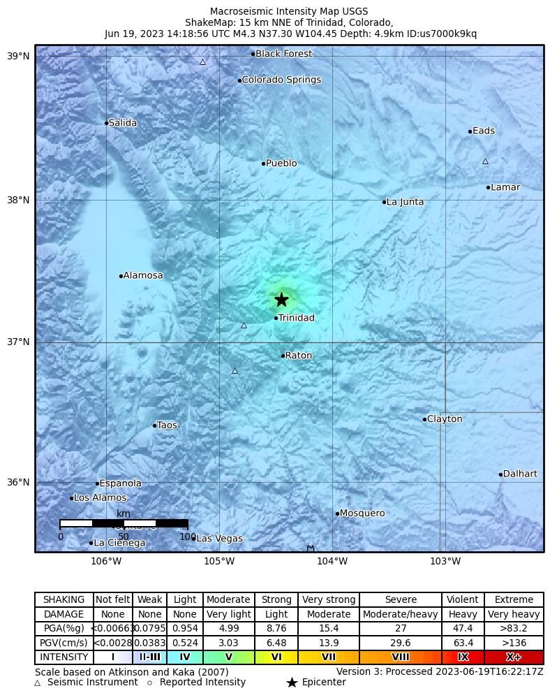 A 4.3 magnitude earthquake shook the southern Colorado town of Trinidad, Monday, June 19, 2023. (United States Geological Survey)