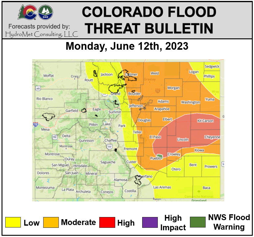 Flood threat map for June 12, 2023 in Colorado
