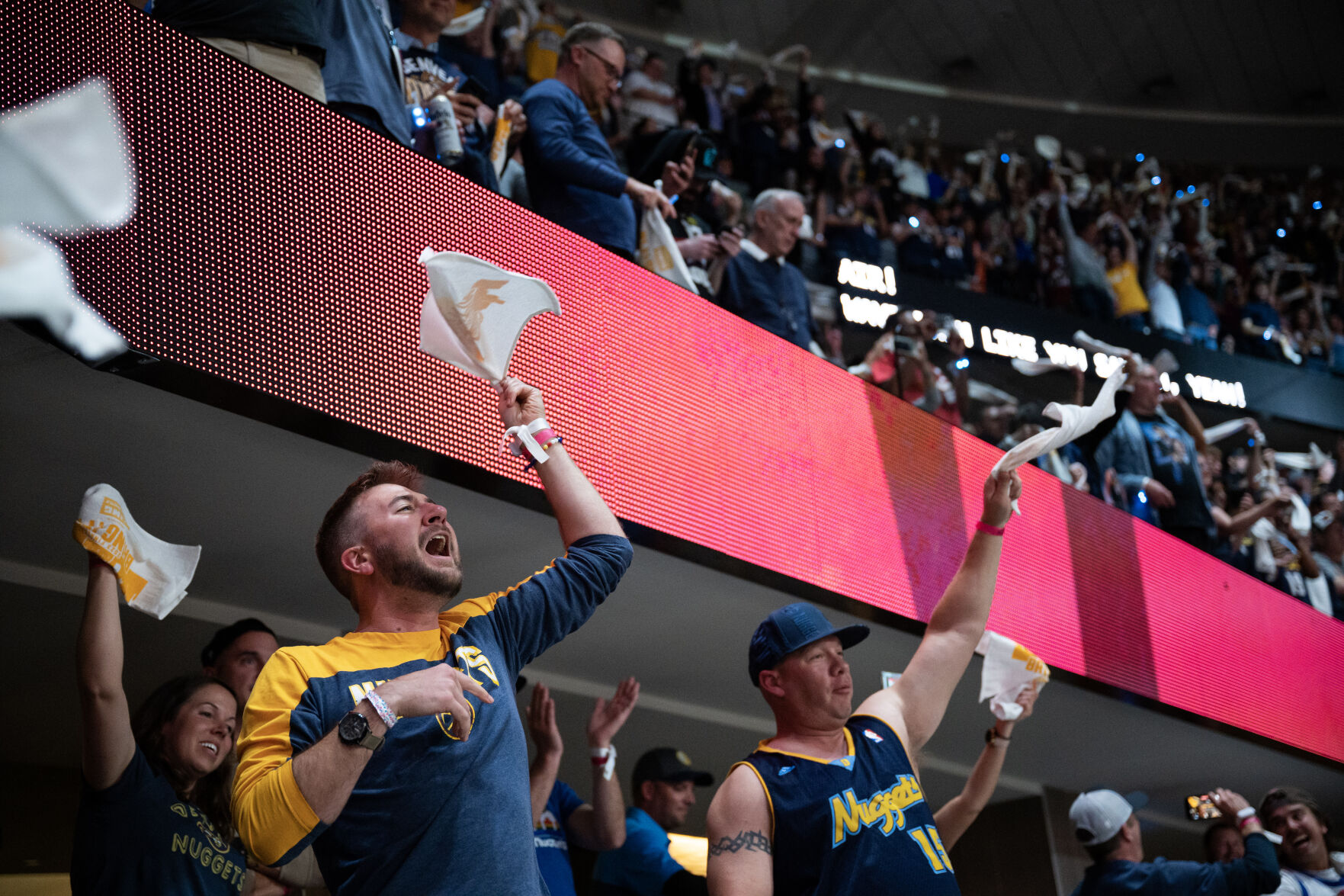 Denver nuggets fans react as time expires in a 94-89 win over the Miami Heat in Game 5 of the NBA Finals on Monday, June 12, 2023, at Ball Arena in Denver. (Timothy Hurst/Denver Gazette) (TimHursttim.hurst@gazette.comhttps://secure.gravatar.com/avatar/aca82bd62b4ee425c598527cd6faa1b1?d=mm&r=g)