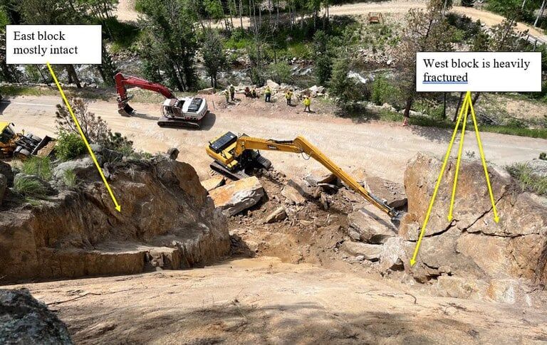 A closer examination of that chute shows that it extends behind two large blocks that are at risk of failing. The east block is intact and does not need much work except some stabilization. The west block is very fractured. (Colorado Department of Transportation)