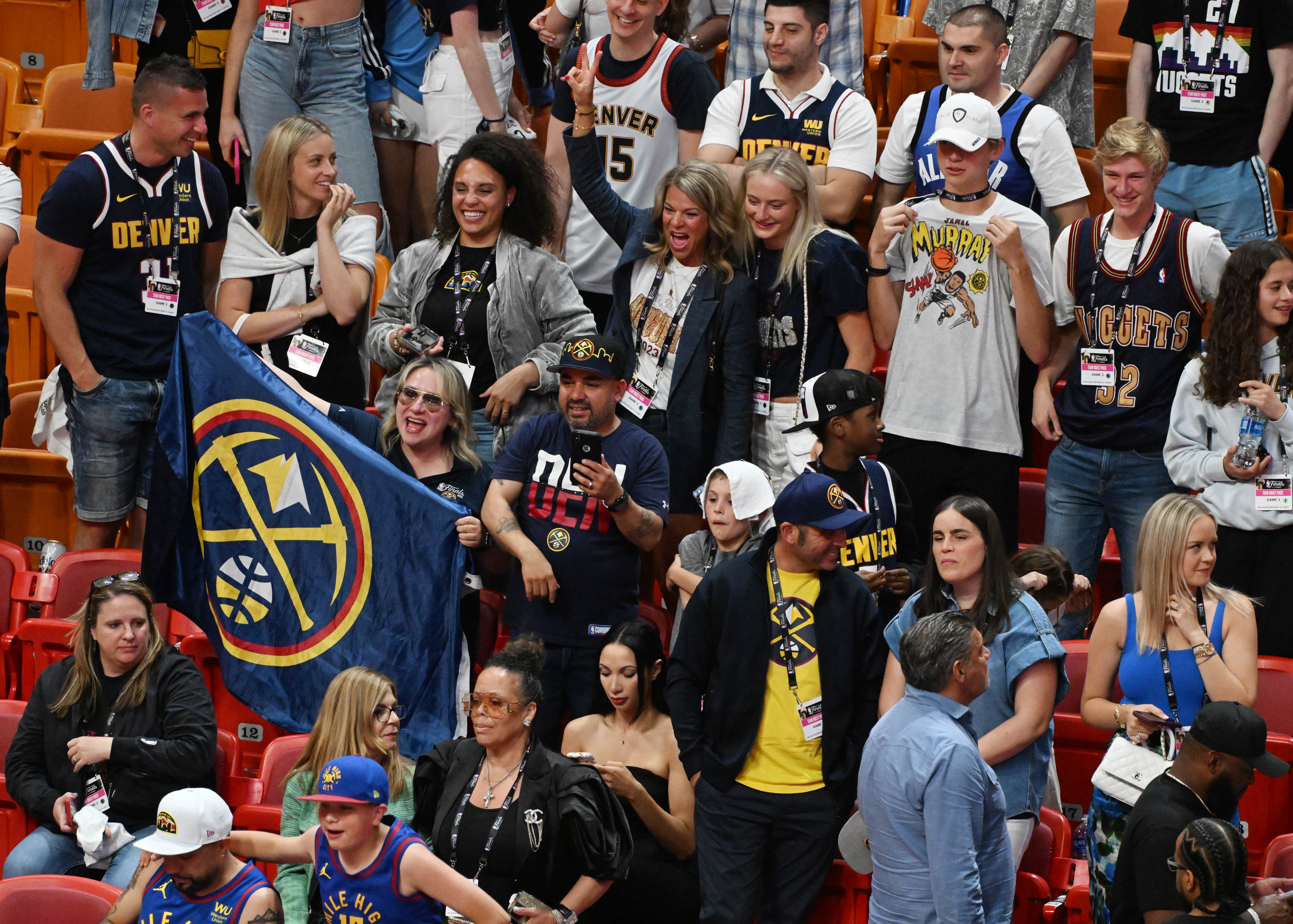 A group of Nuggets fans made the trip to Miami and cheer the Nuggets stealing the first game of a two-game series Miami on Wednesday, June 7, 2023. The Nuggets defeated the Heat 109-94 and lead the series 2-1. (Photo by Jerilee Bennett, The Gazette)