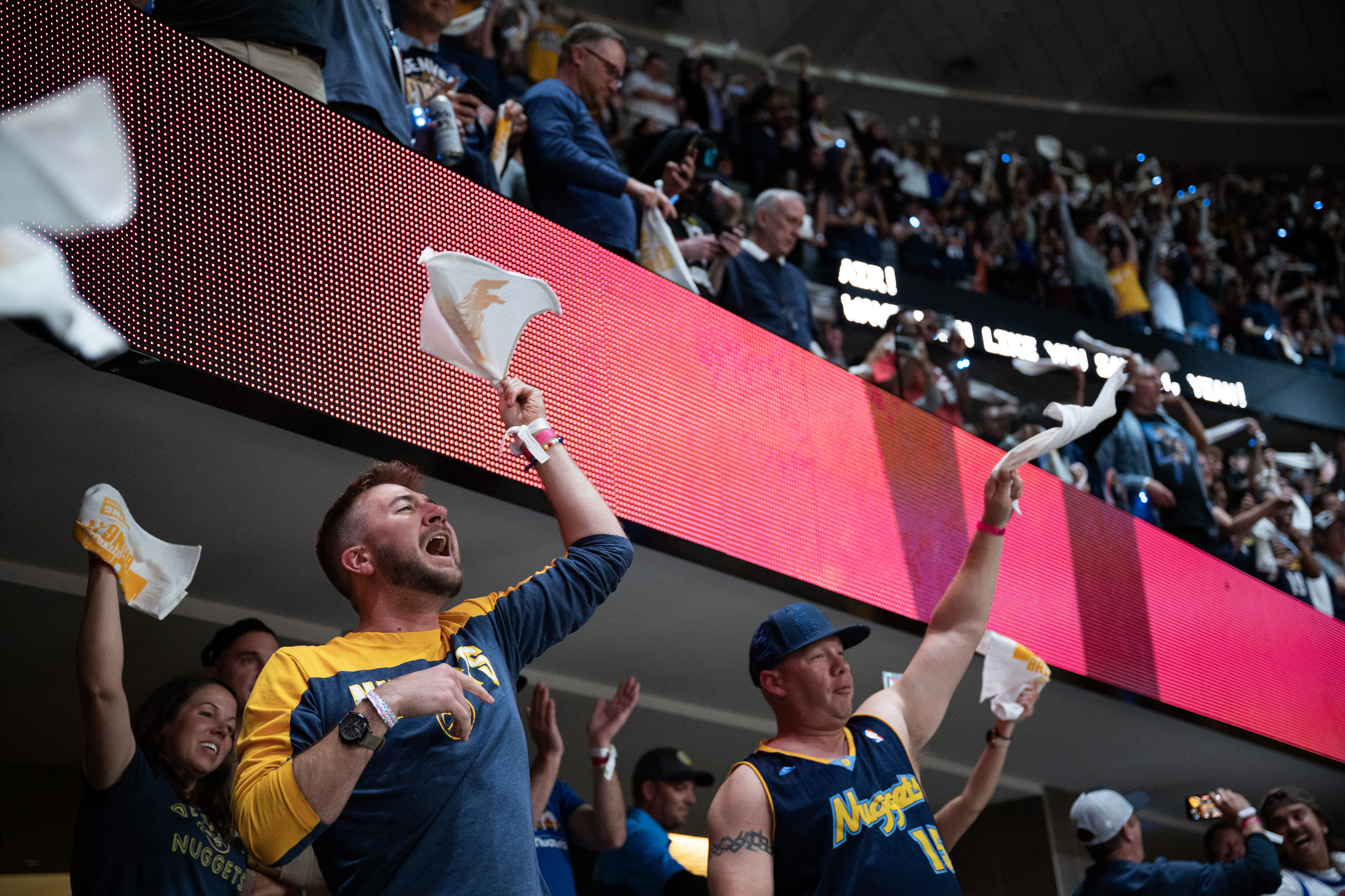 Denver nuggets fans react as time expires in a 94-89 win over the Miami Heat in Game 5 of the NBA Finals on Monday, June 12, 2023, at Ball Arena in Denver. (Timothy Hurst/Denver Gazette) (TimHursttim.hurst@gazette.comhttps://secure.gravatar.com/avatar/aca82bd62b4ee425c598527cd6faa1b1?d=mm&r=g)
