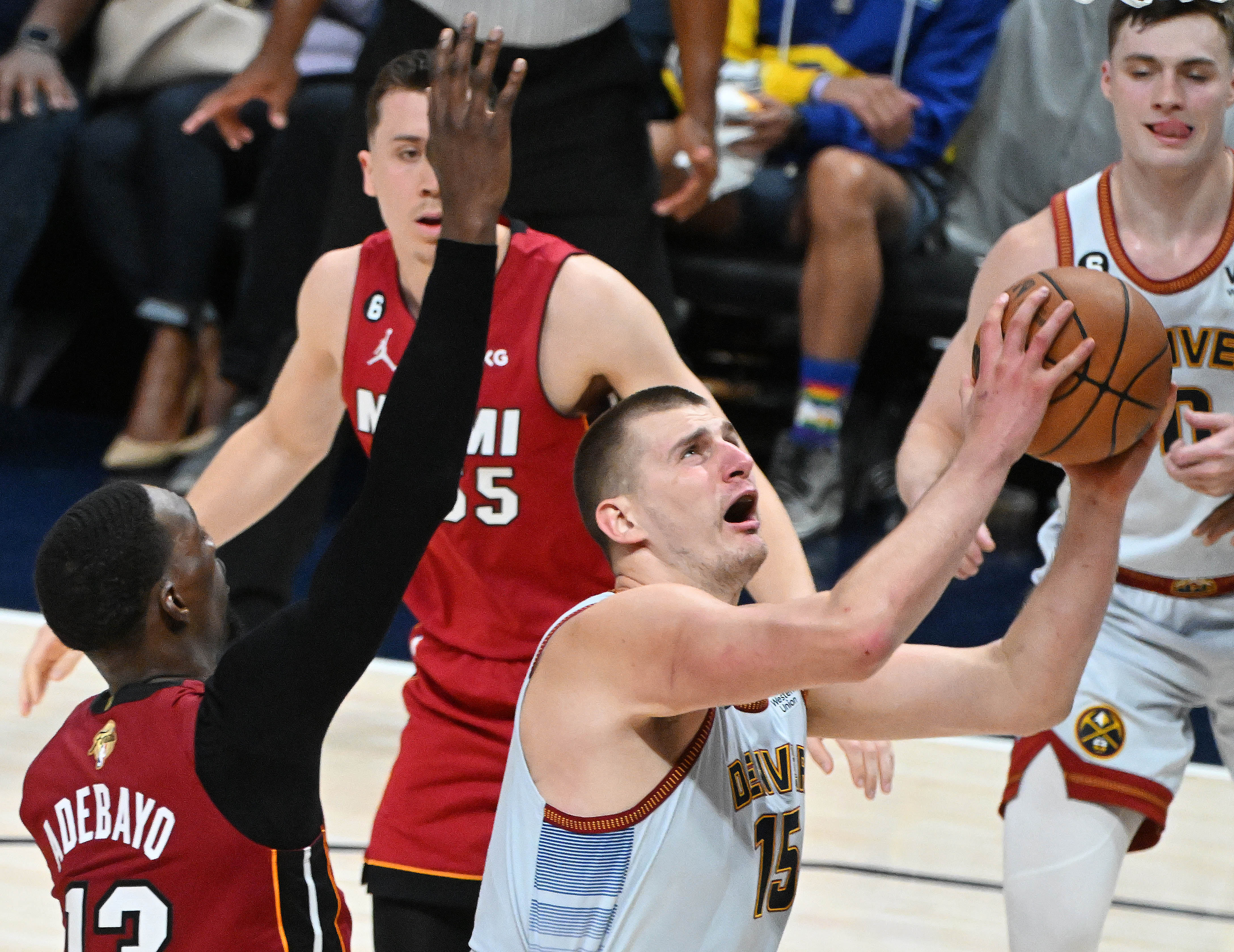 Denver Nuggets center Nikola Jokic (15) goes for a shot during the 2nd quarter of game 5 of the NBA Finals at Ball Arena on Monday, June 12, 2023. (Photo by Jerilee Bennett, The Gazette)