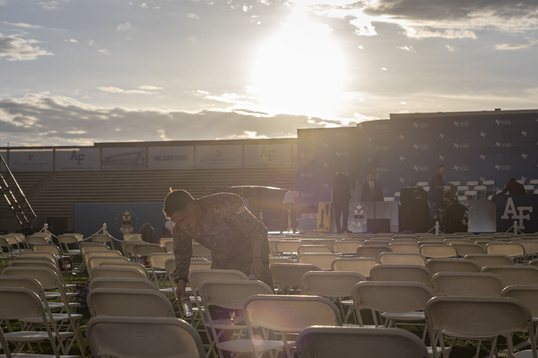 The Falcon Stadium is lined with chairs and water bottles early in the morning before the U.S. Air Force Academy Class of 2023 Graduation at Falcon Stadium on the U.S. Air Force Academy campus in Colorado Springs, Co., on Thursday, June 1, 2023. (Gabi Broekema)