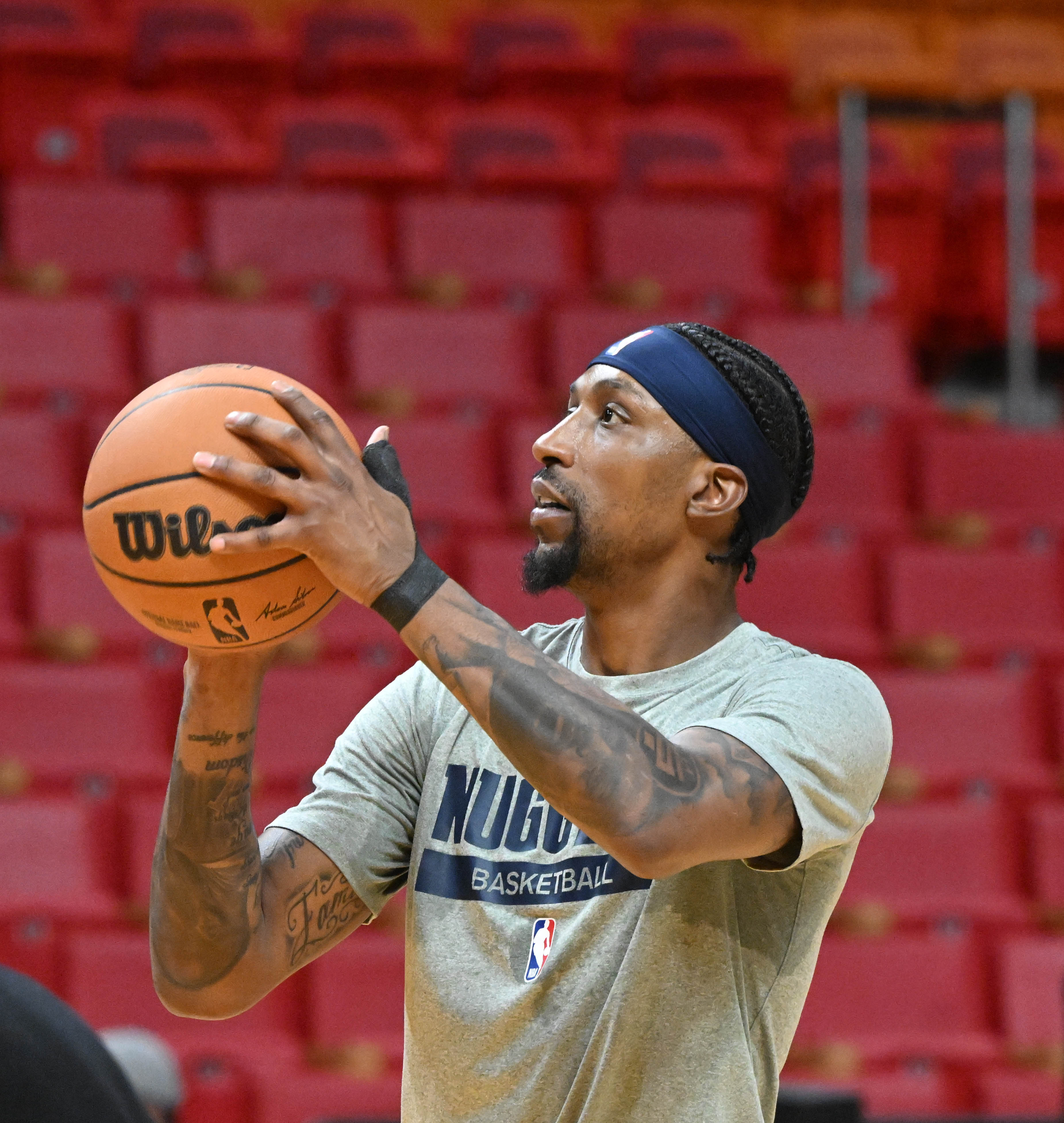 Denver Nuggets guard Kentavious Caldwell-Pope (5) works on his three-pointers during practice at the Kesaya Center on Thursday, June 8, 2023. Game 4 against the Heat will be on Friday, June 9. (Photo by Jerilee Bennett, The Gazette)