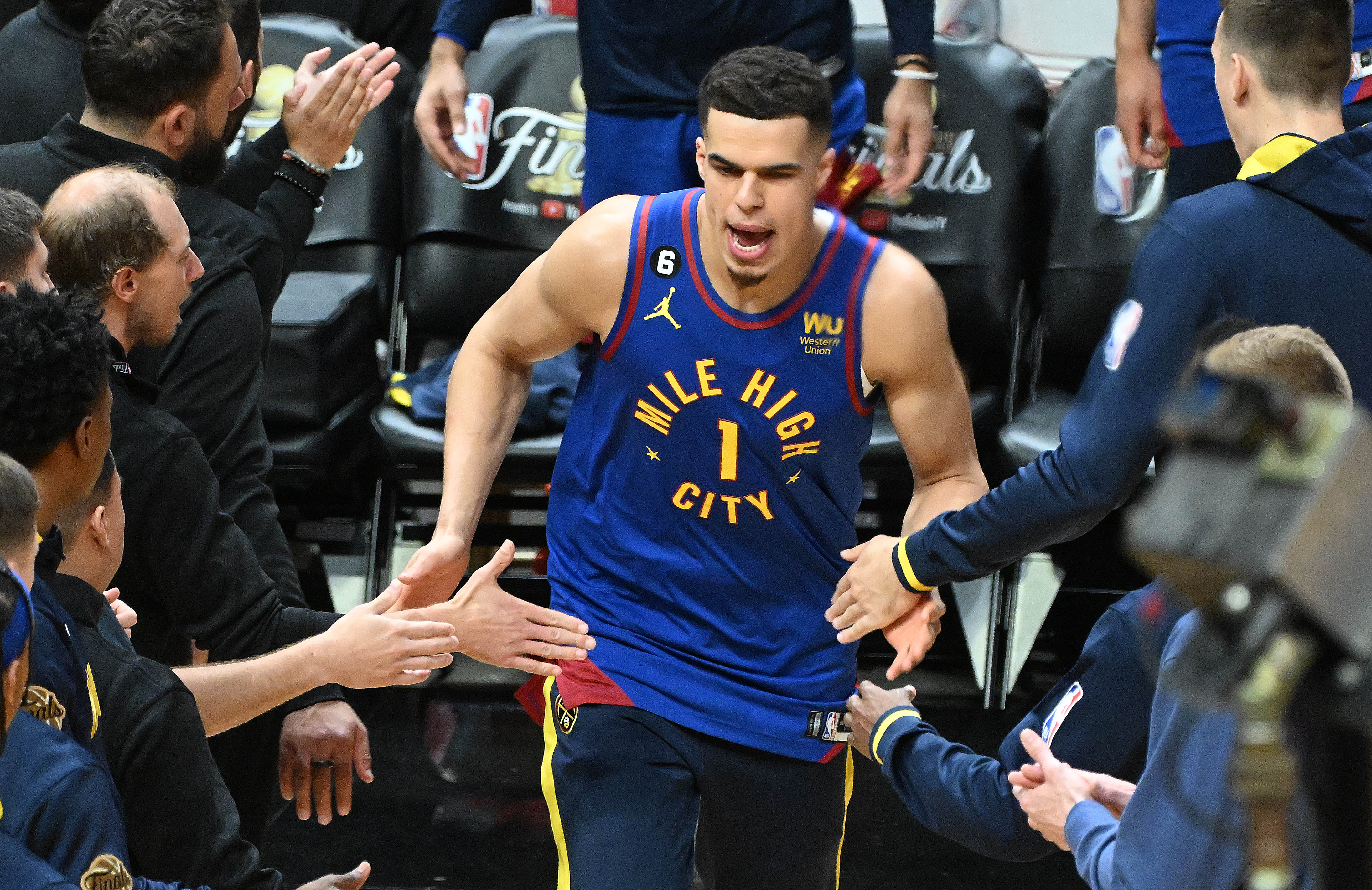 Denver Nuggets forward Michael Porter Jr. (1) takes the floor at the beginning of game 3 of the NBA Finals on Wednesday, June 7, 2023. The Nuggets defeated the Heat 109-94 and lead the series 2-1. (Photo by Jerilee Bennett, The Gazette)