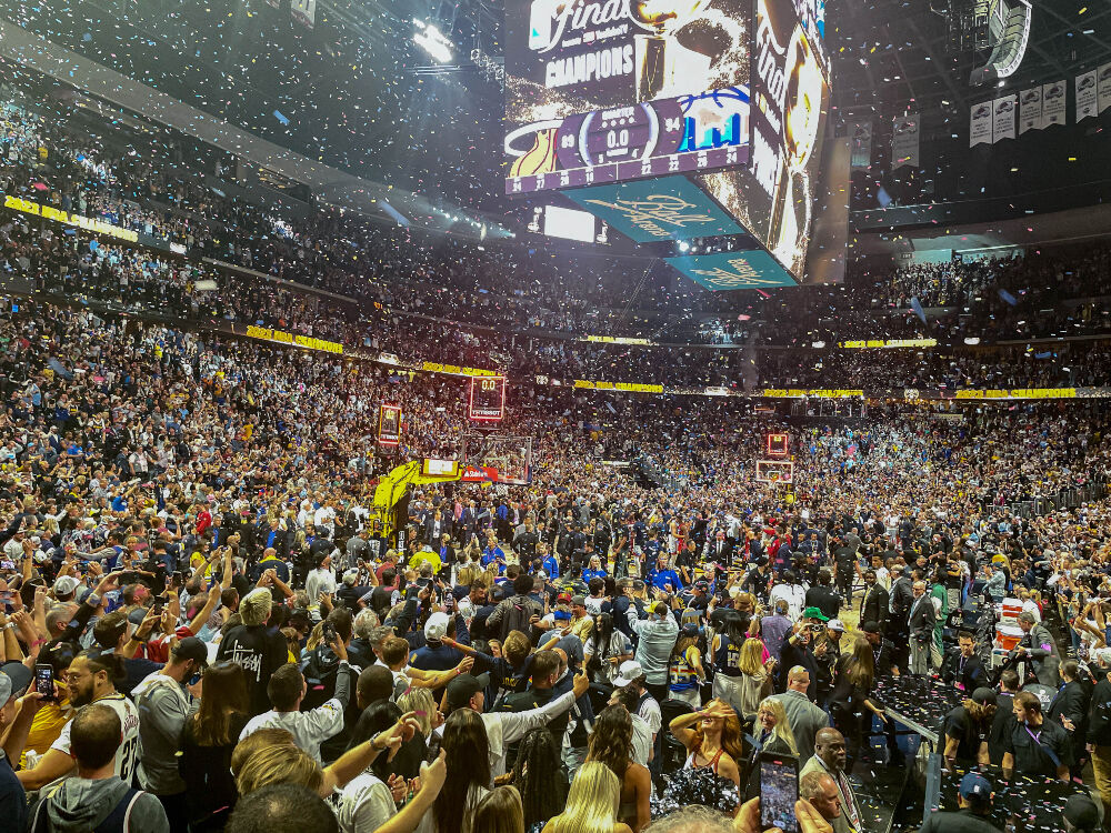 Denver Nuggets fans celebrate the team's first championship at Ball Arena on Monday, June 13, 2023, after defeating the Miami Heat in the NBA Finals. (John Moore, The Denver Gazette)