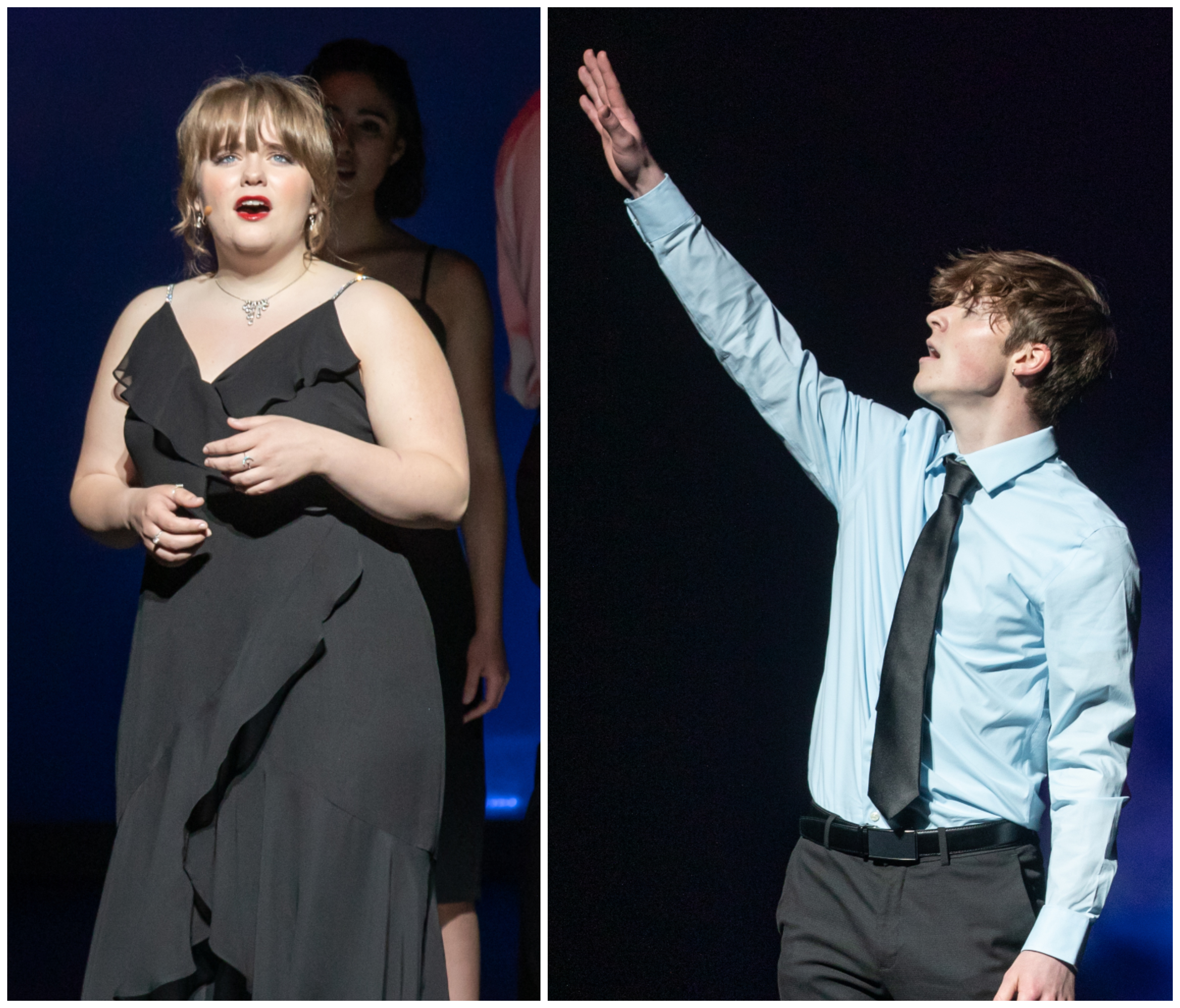 Camille Nugent of Fossil Ridge High School in Fort Collins, left, and Connor O’Brian of Lakewood High School will represent Colorado at the National High School Musical Theatre Awards in New York in Monday. They are shown performing at the 2023 Bobby G Awards on May 18 celebrating the best in Colorado high-school musical theater over the past school year. (Photo by McLeod9 Creative)