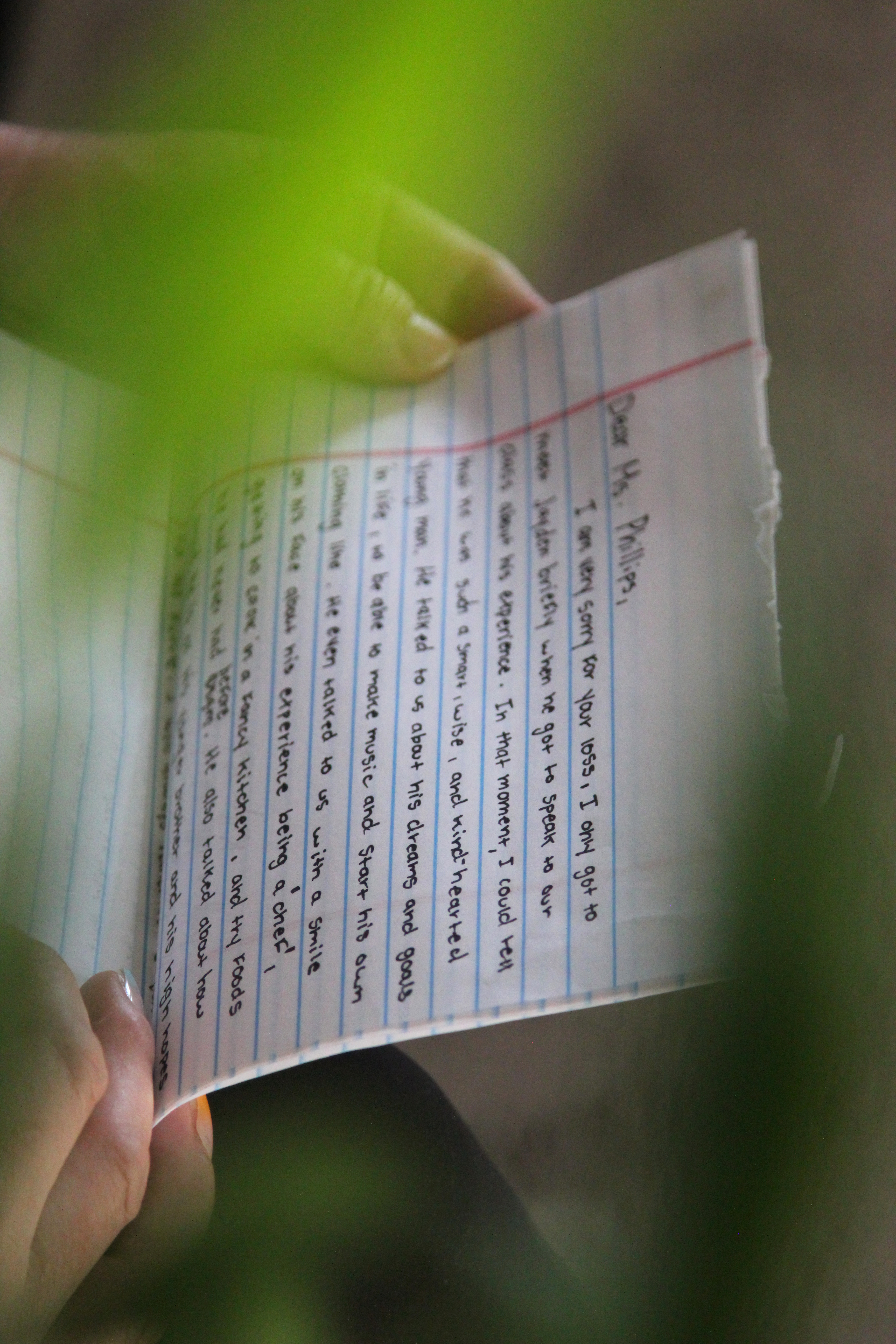 Letters written to the Phillips family about Jayden's visit to a criminal justice class said Jayden's eyes 