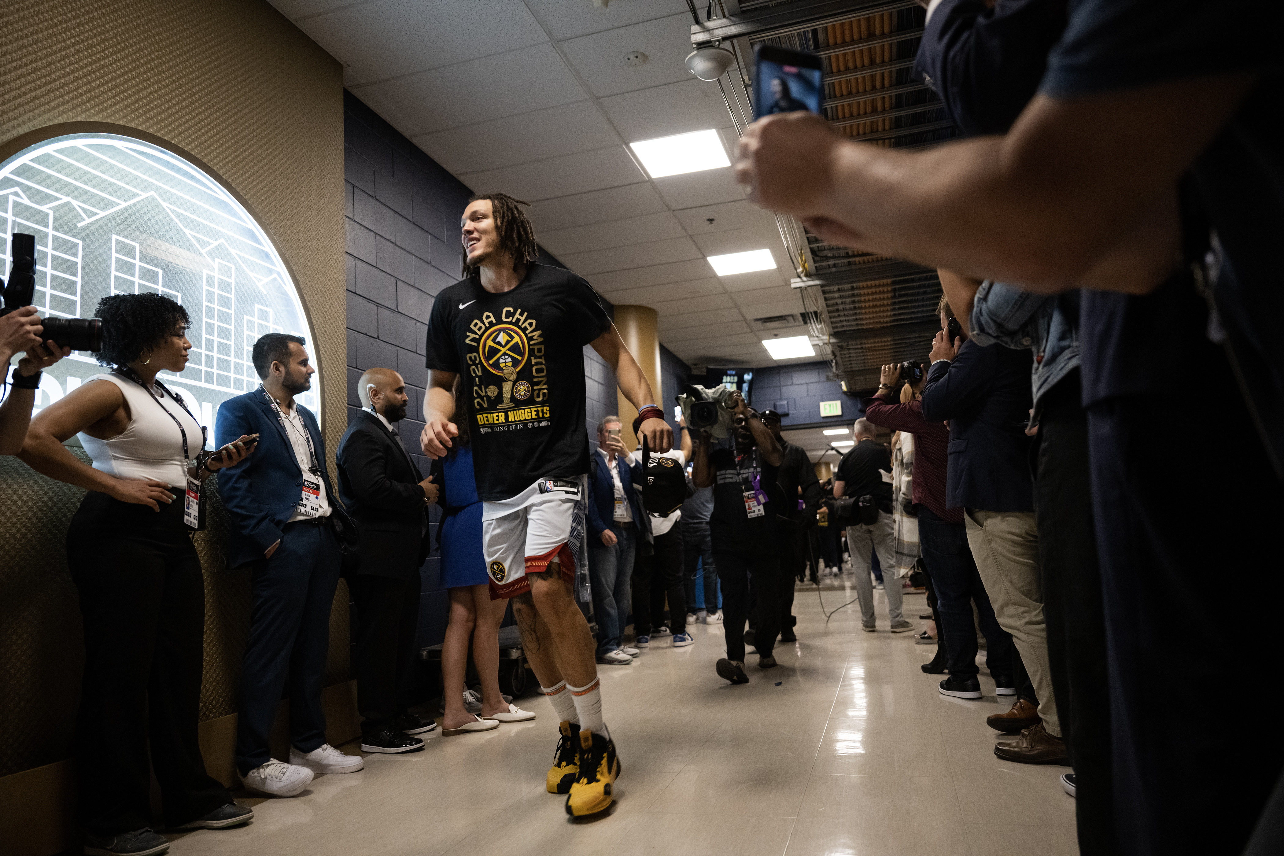 Denver Nuggets forward Aaron Gordon (50) jogs back to the locker room after a 94-89 win over the Miami Heat in Game 5 of the NBA Finals on Monday, June 12, 2023, at Ball Arena in Denver. (Timothy Hurst/Denver Gazette) (Timothy Hurst/Denver Gazette)