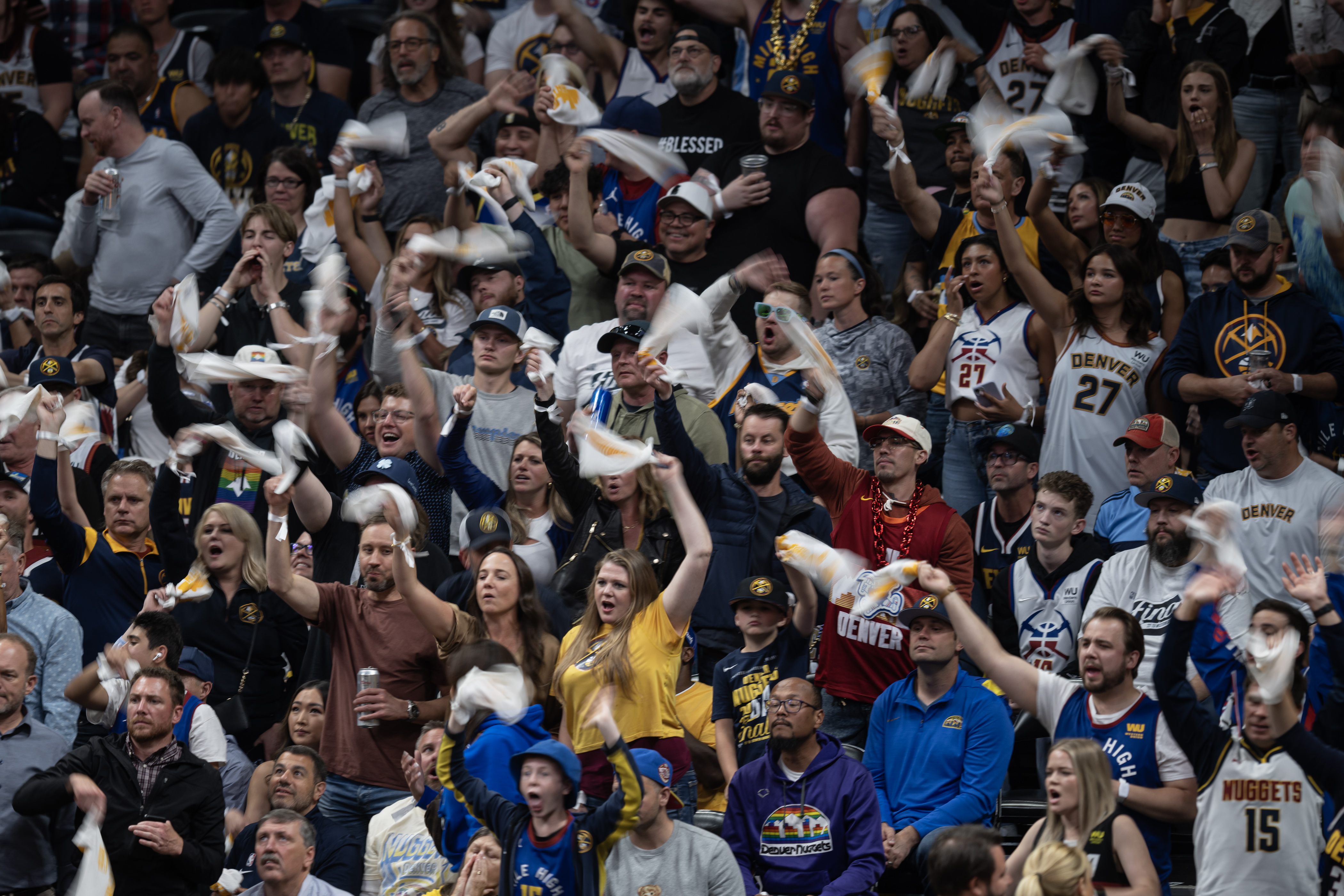 Nuggets fans attempt to distract Miami Heat forward Jimmy Butler (22) while taking a free throw during the first quarter of Game 5 of the NBA Finals on Monday, June 12, 2023, at Ball Arena in Denver. (Timothy Hurst/Denver Gazette) (TimHursttim.hurst@gazette.comhttps://secure.gravatar.com/avatar/aca82bd62b4ee425c598527cd6faa1b1?d=mm&r=g)