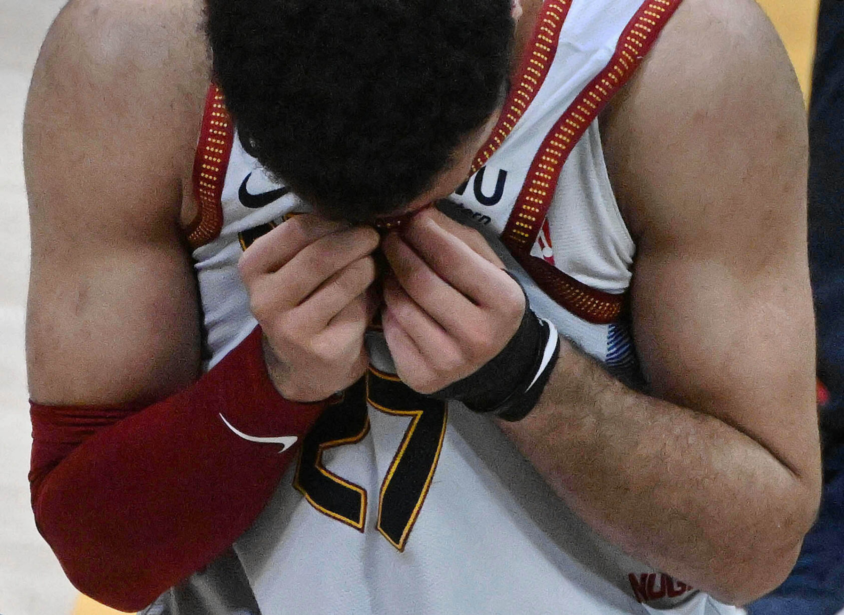 Denver Nuggets guard Jamal Murray (27) becomes emotional after winning the NBA Championship at Ball Arena on Monday, June 12, 2023. (Photo by Jerilee Bennett, The Gazette)