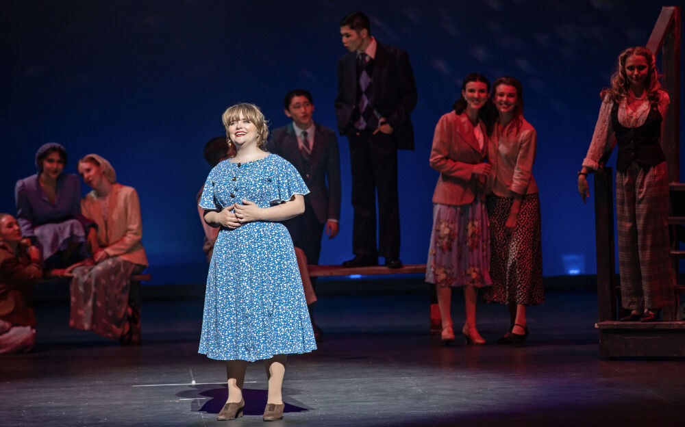 Camille Nugent of Fossil Ridge High School in Fort Collins, left, performs from 'Bright Star' at the 2023 Bobby G Awards on May 18. (Photo by McLeod9 Creative)