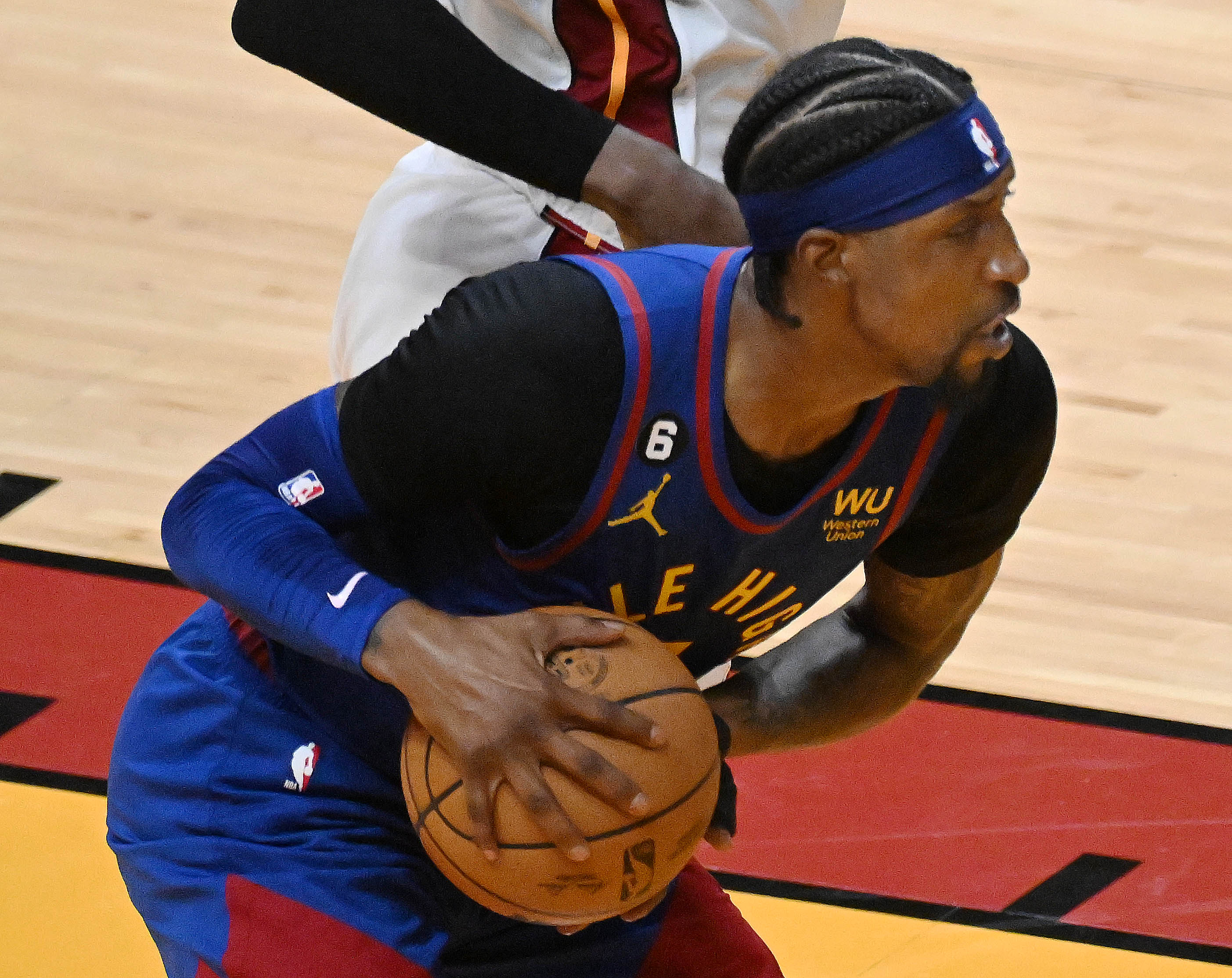 Denver Nuggets guard Kentavious Caldwell-Pope (5) controls the ball during game 3 against the Heat on Wednesday, June 7, 2023 at the Kaseya Center in Miami. Game 4 against the Heat will be on Friday, June 9 in Miami. (Photo by Jerilee Bennett, The Gazette)