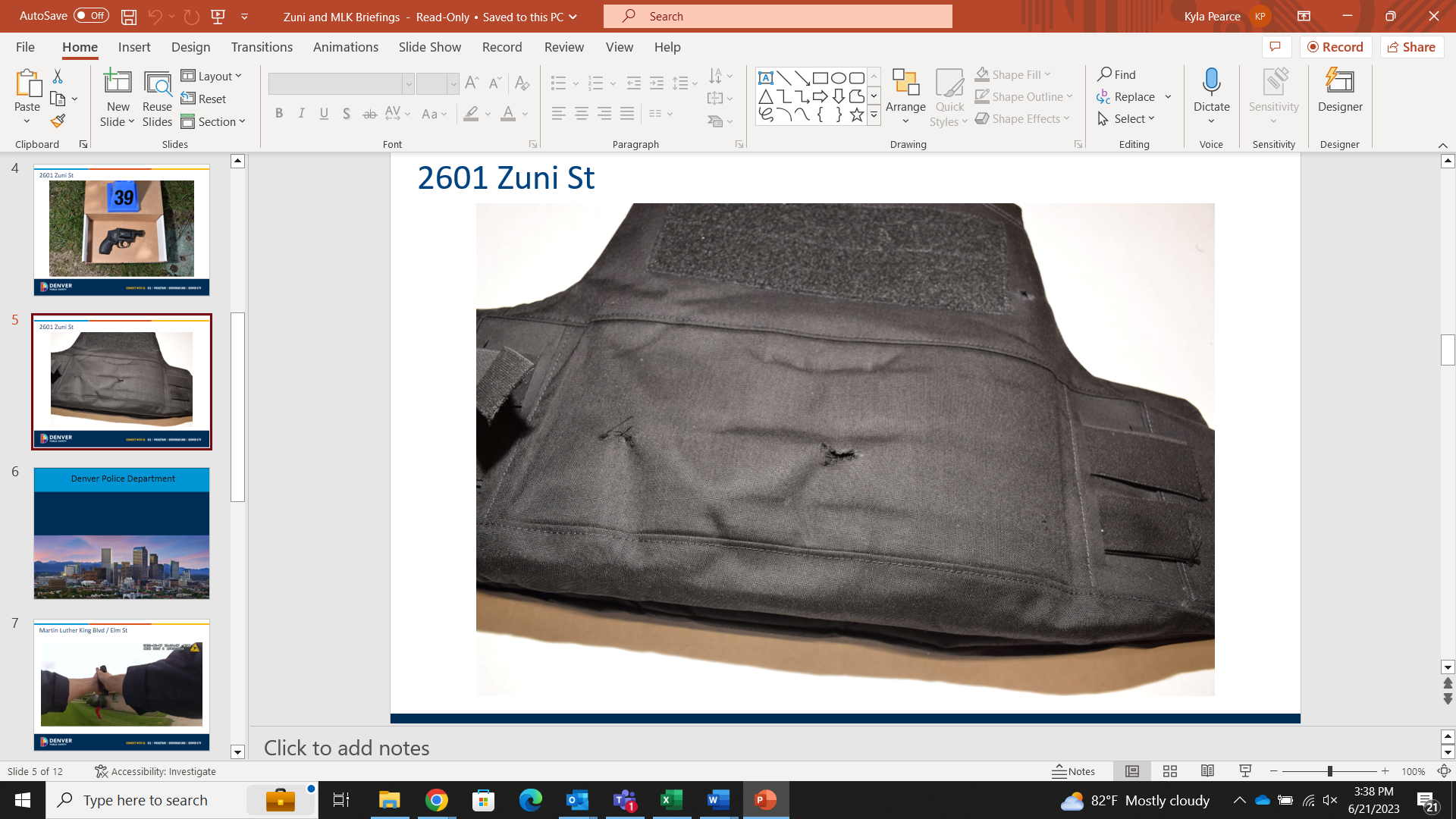 The bulletproof vest with bullet damage from the officer-involved shooting on June 7 outside the Quality Inn near North Speer Boulevard and Interstate 25. (Denver Police Department)