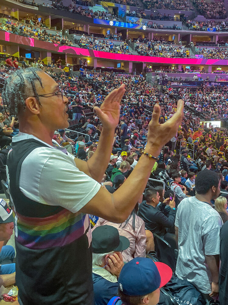 The scene from the Denver Nuggets' NBA Finals Game 3 watch party at Ball Arena on Wednesday night. (John Moore/The Denver Gazette)