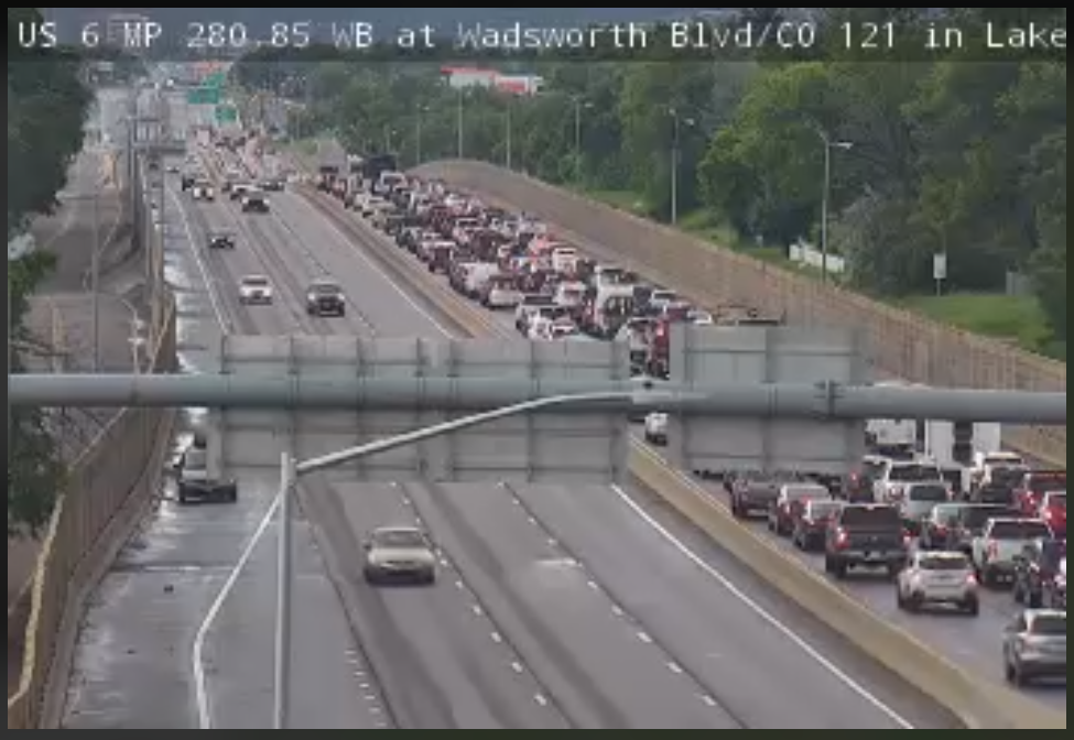 Westbound US 6 at Wadsworth Boulevard during a closure of the highway due to flooding Monday, June 12, 2023 in Denver, Colorado. (Colorado Department of Transportation, screenshot)