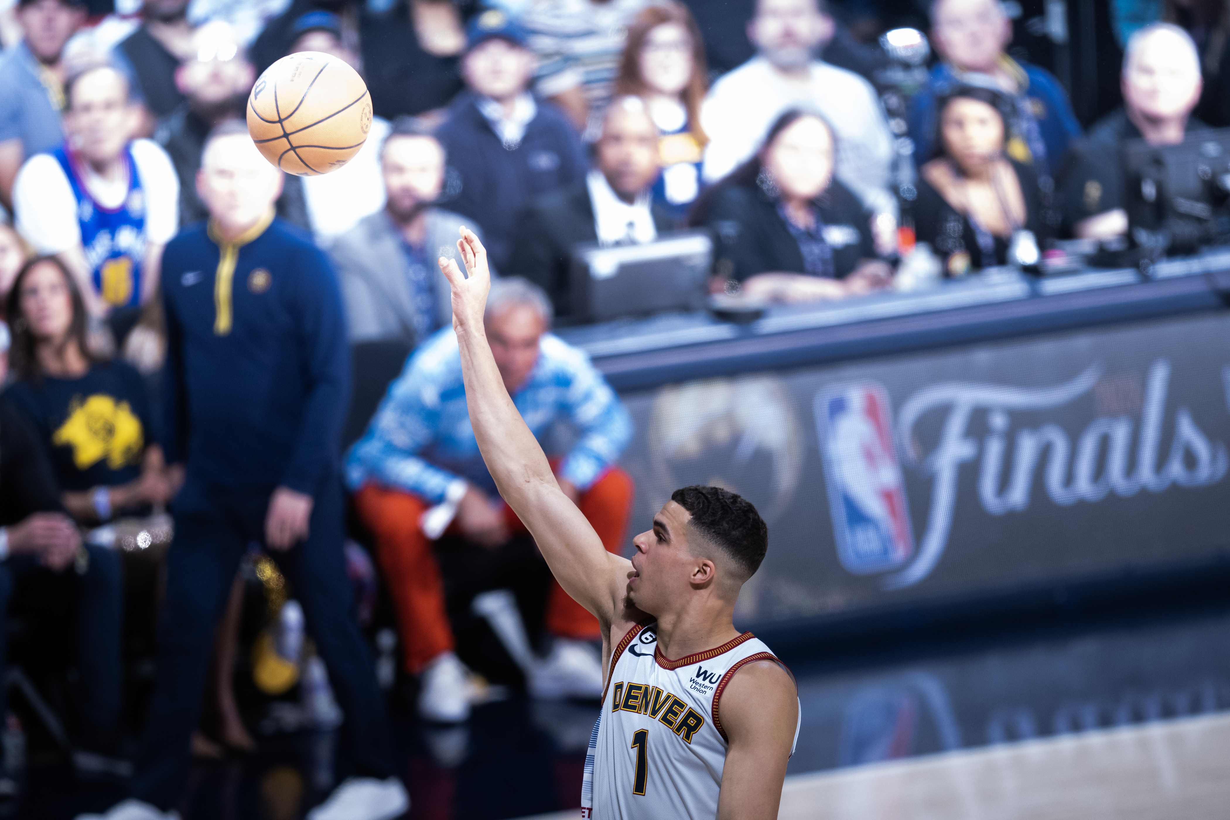 Denver Nuggets forward Michael Porter Jr. (1) puts up a three-pointer during the first quarter of Game 5 of the NBA Finals against the Miami Heat on Monday, June 12, 2023, at Ball Arena in Denver. (Timothy Hurst/Denver Gazette) (TimHursttim.hurst@gazette.comhttps://secure.gravatar.com/avatar/aca82bd62b4ee425c598527cd6faa1b1?d=mm&r=g)