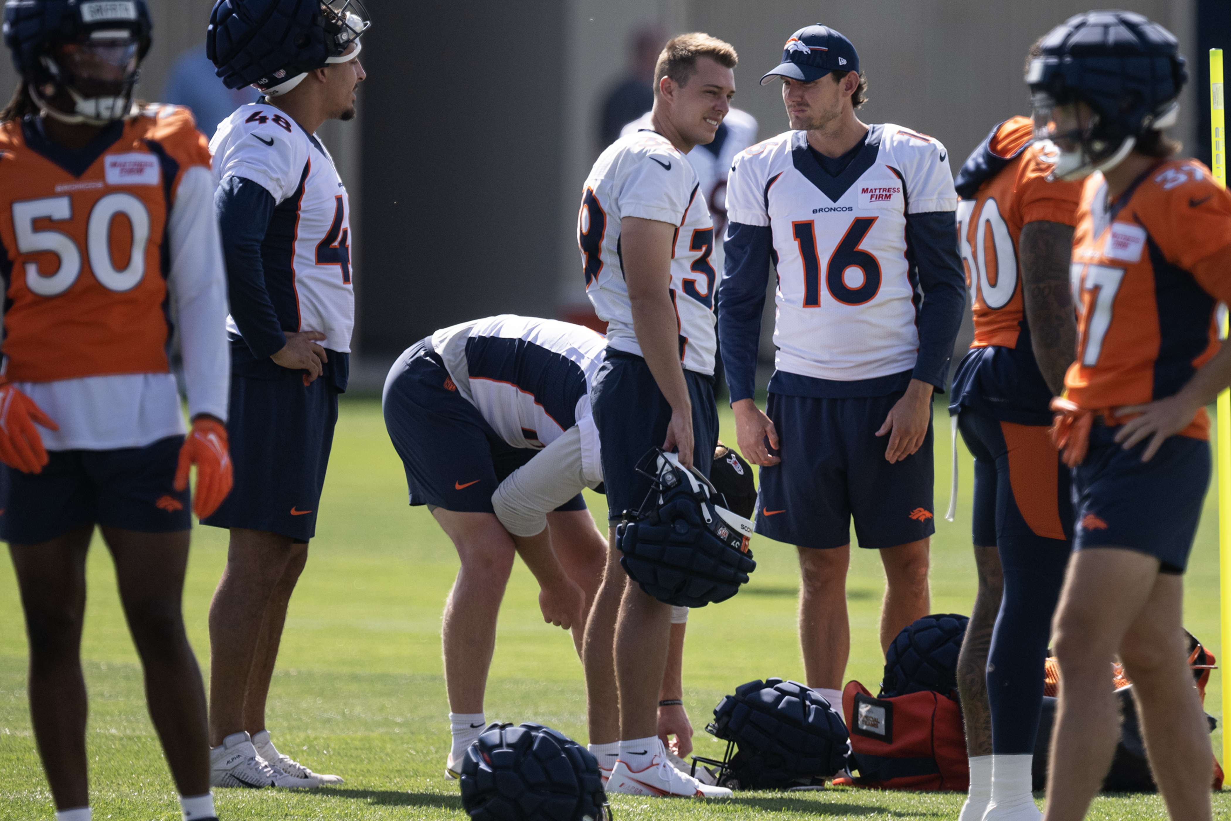 Denver Broncos kickers Elliott Fry (39) and Brett Maher (16) look on during training camp on Friday, July 28, 2023, at the Centura Health Training Center in Centennial, Colo. (Timothy Hurst/Denver Gazette) (TimHursttim.hurst@gazette.comhttps://secure.gravatar.com/avatar/aca82bd62b4ee425c598527cd6faa1b1?d=mm&r=g)