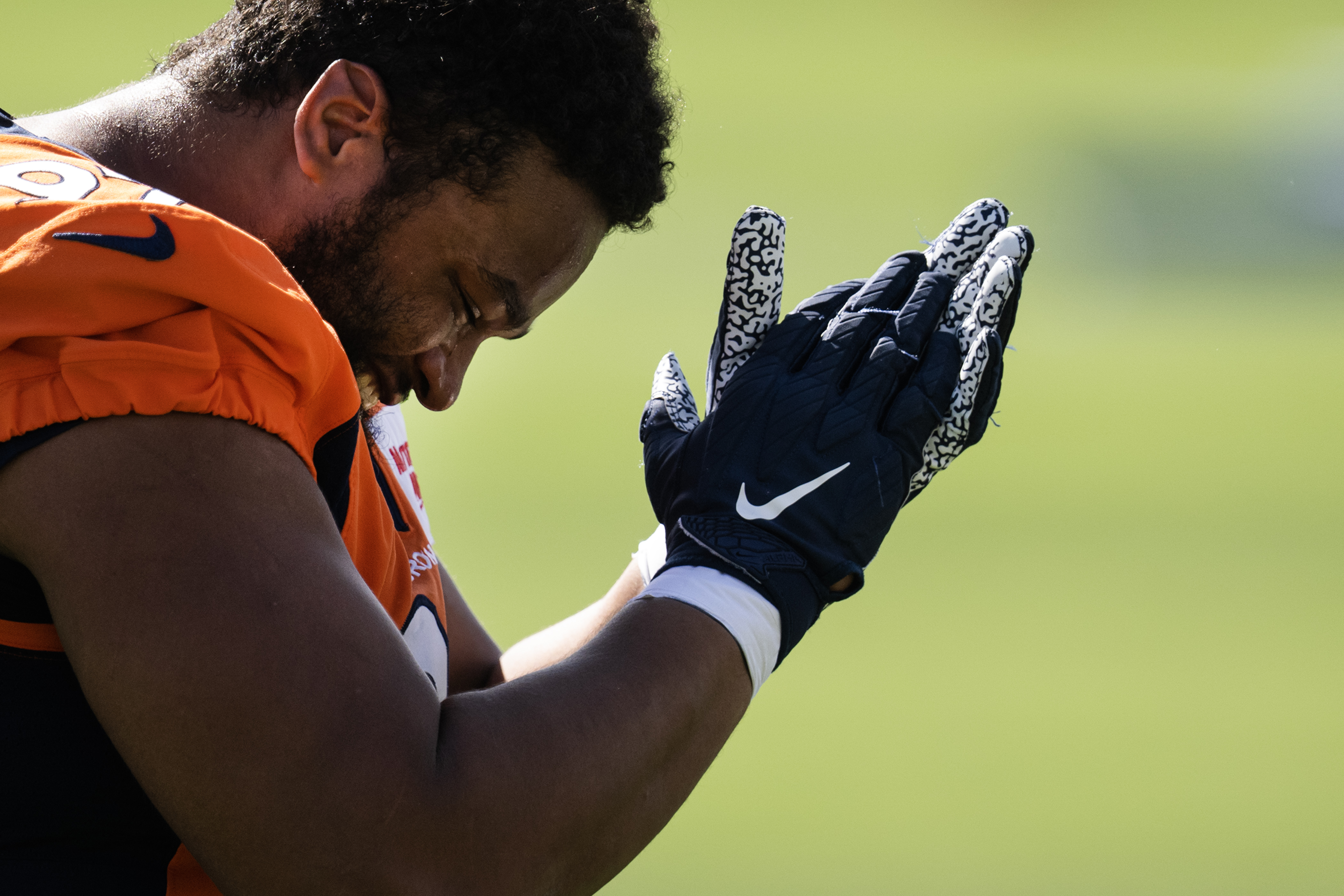 Denver Broncos nose tackle PJ Mustipher (97) gets the fans hyped up during training camp on Friday, July 28, 2023, at the Centura Health Training Center in Centennial, Colo. (Timothy Hurst/Denver Gazette) (TimHursttim.hurst@gazette.comhttps://secure.gravatar.com/avatar/aca82bd62b4ee425c598527cd6faa1b1?d=mm&r=g)