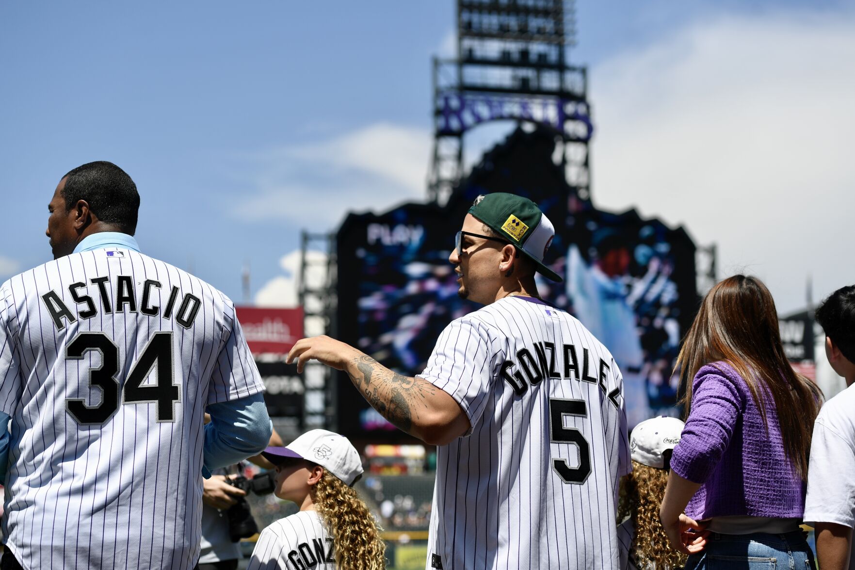 Carlos Gonzales, Pedro Astacio and Jorge De La Rosa were honored before Sunday's game against the Athletics on Sunday, July 30, 2023. (CarsonFieldcarson.field@gazette.comhttps://secure.gravatar.com/avatar/c524ef3d384945349bed78d70eb2d2cd?d=mm&r=g)