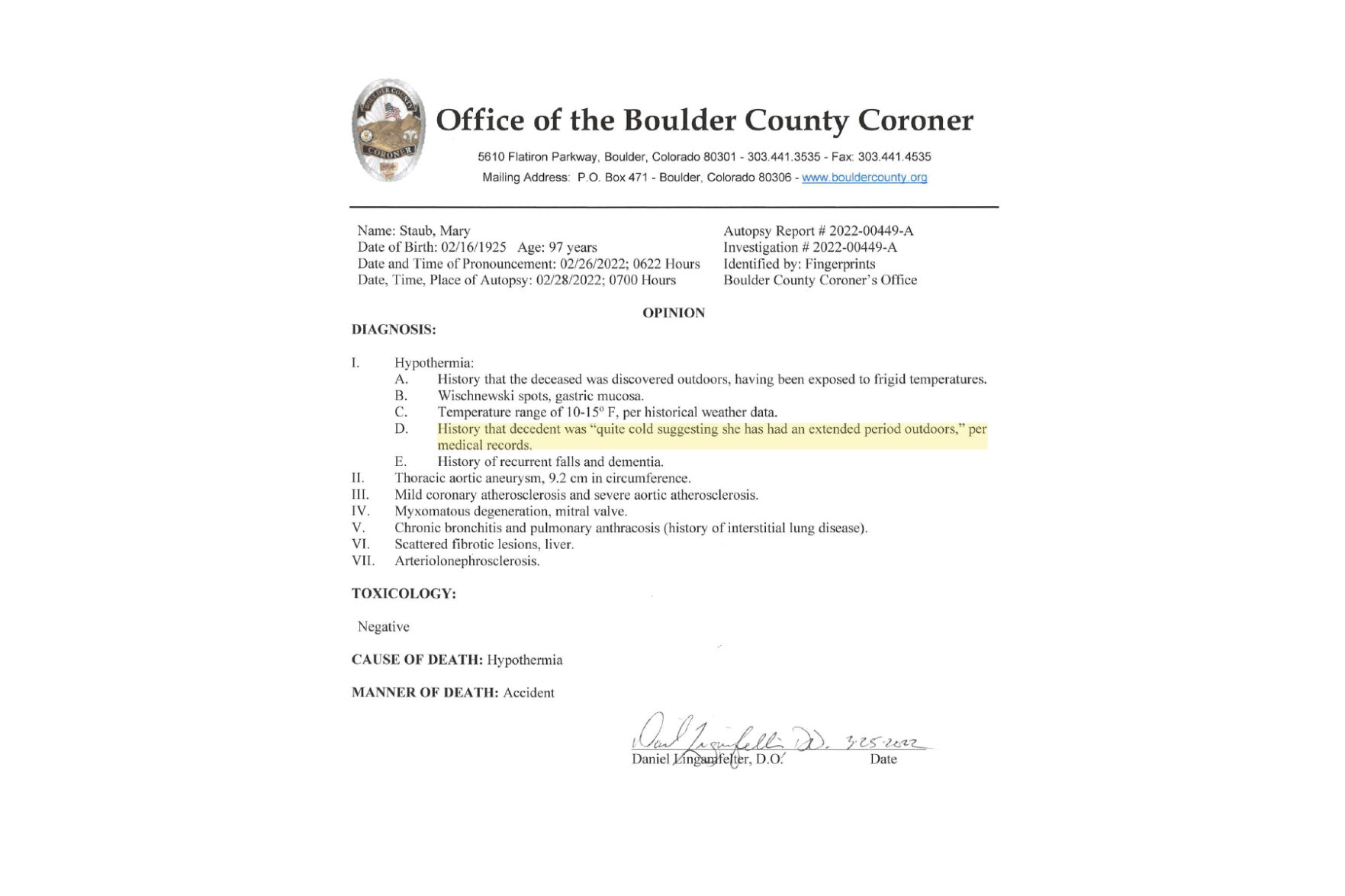 Boulder County Coroner report