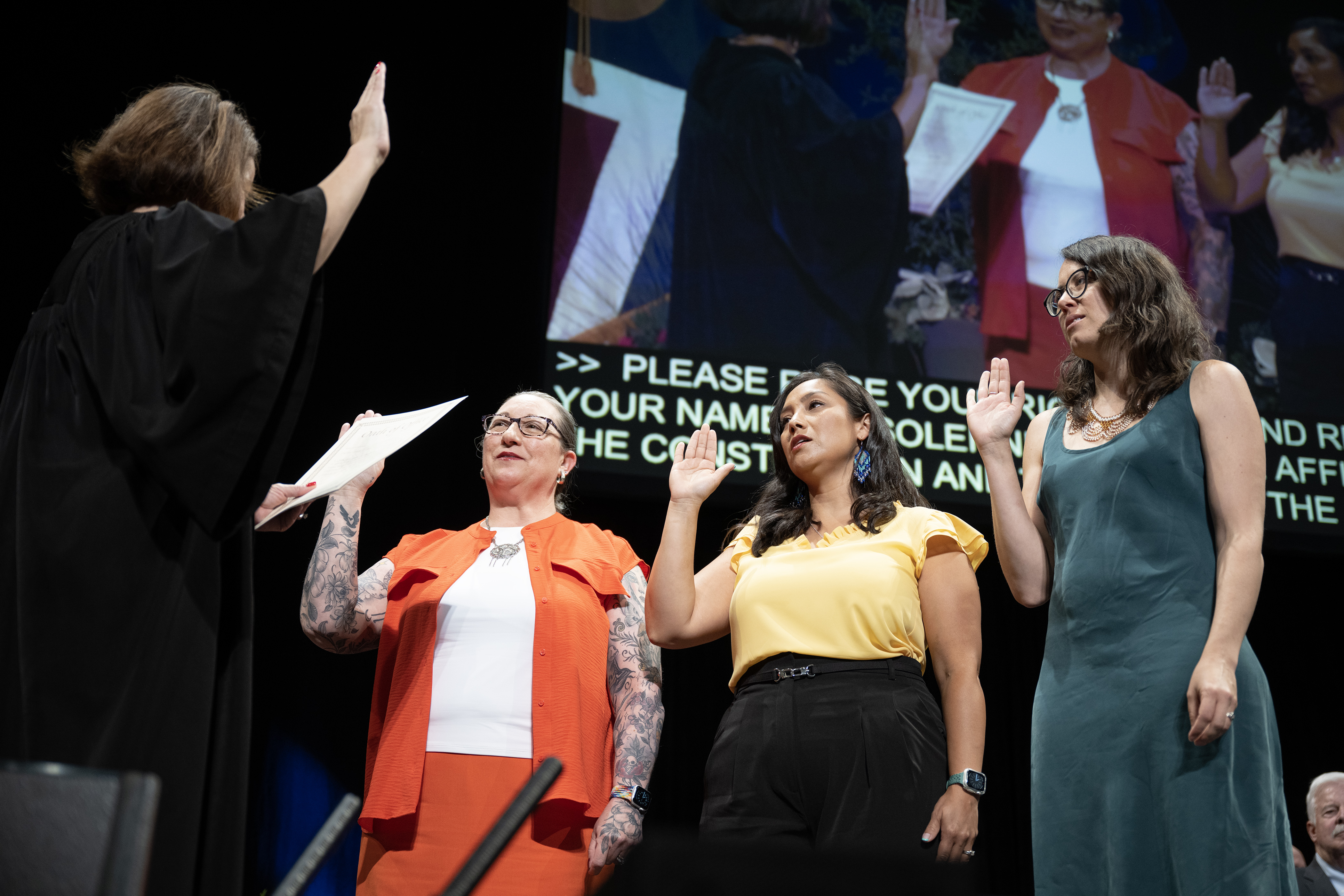 Denver City Council members, from left, Stacie Gilmore, Serena Gonzales-Gutierrez and Sarah Parady take the oath of office from Denver District Court presiding judge Nicole M. Rodarte during the inauguration ceremony for Denver city and county elected officials on Monday, July 17, 2023, at the Ellie Caulkins Opera House in Denver, Colo. (Timothy Hurst/Denver Gazette) (TimHursttim.hurst@gazette.comhttps://secure.gravatar.com/avatar/aca82bd62b4ee425c598527cd6faa1b1?d=mm&r=g)