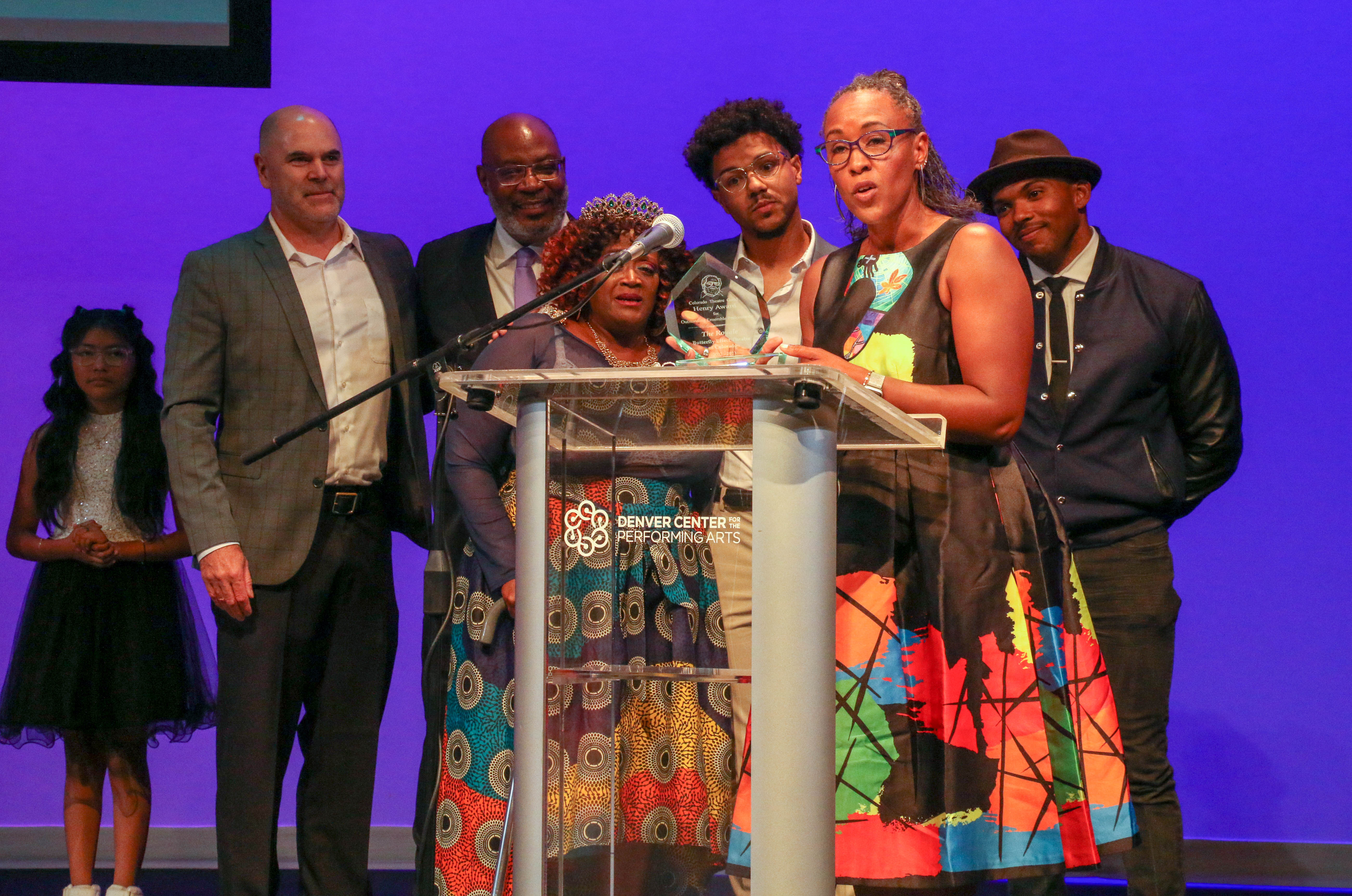 The actors from Butterfly Effect Theatre of Colorado's 'The Royale' accept the Outstanding Ensemble Henry Award on July 24, 2023, at the Denver Center. Speaking is director Jada Suzanne Dixon. (JOHN MOORE)