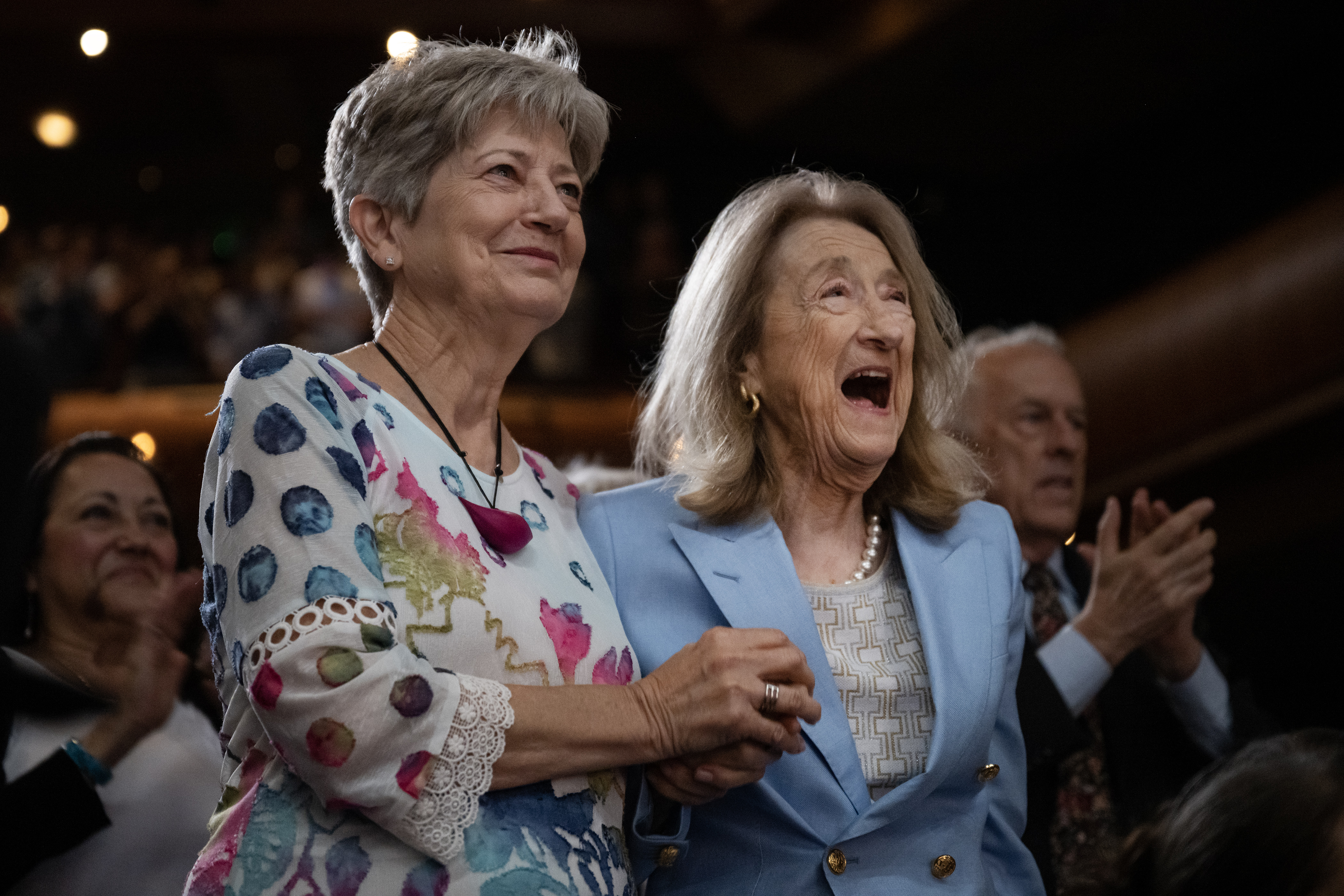 Denver mayor Mike Johnston’s mother Sally, right, and mother-in-law Anita Huffman react after Johnston was sworn-in during the inauguration ceremony for city and county of Denver elected officials on Monday, July 17, 2023, at the Ellie Caulkins Opera House in Denver, Colo. (Timothy Hurst/Denver Gazette) (TimHursttim.hurst@gazette.comhttps://secure.gravatar.com/avatar/aca82bd62b4ee425c598527cd6faa1b1?d=mm&r=g)