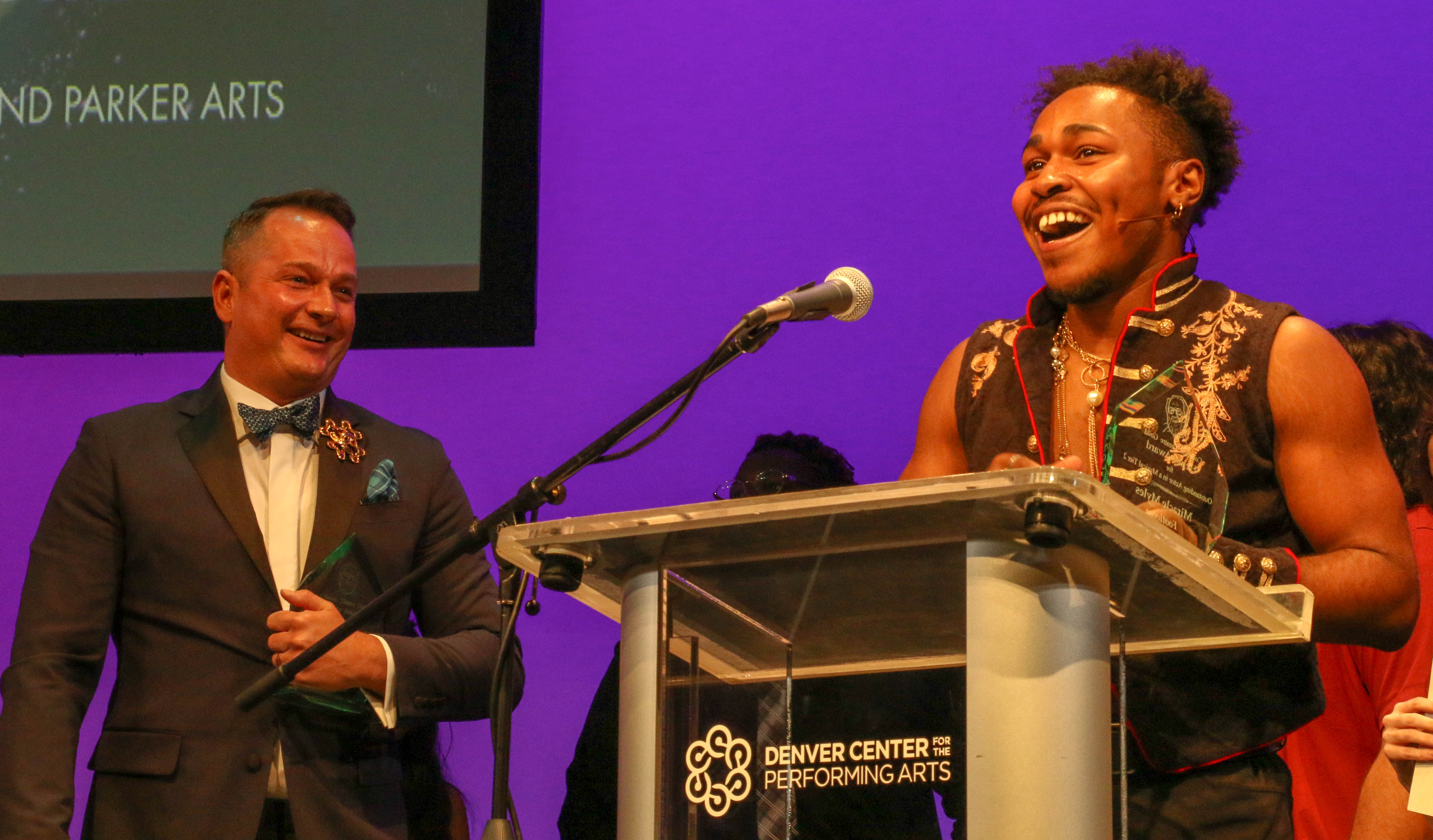 Jeremy Rill, left, and Miracle Myles shared the Outstanding Actor in a Musical Award for Give 5 Productions' 'Footloose' on July 24 at the Denver Center. (JOHN MOORE)