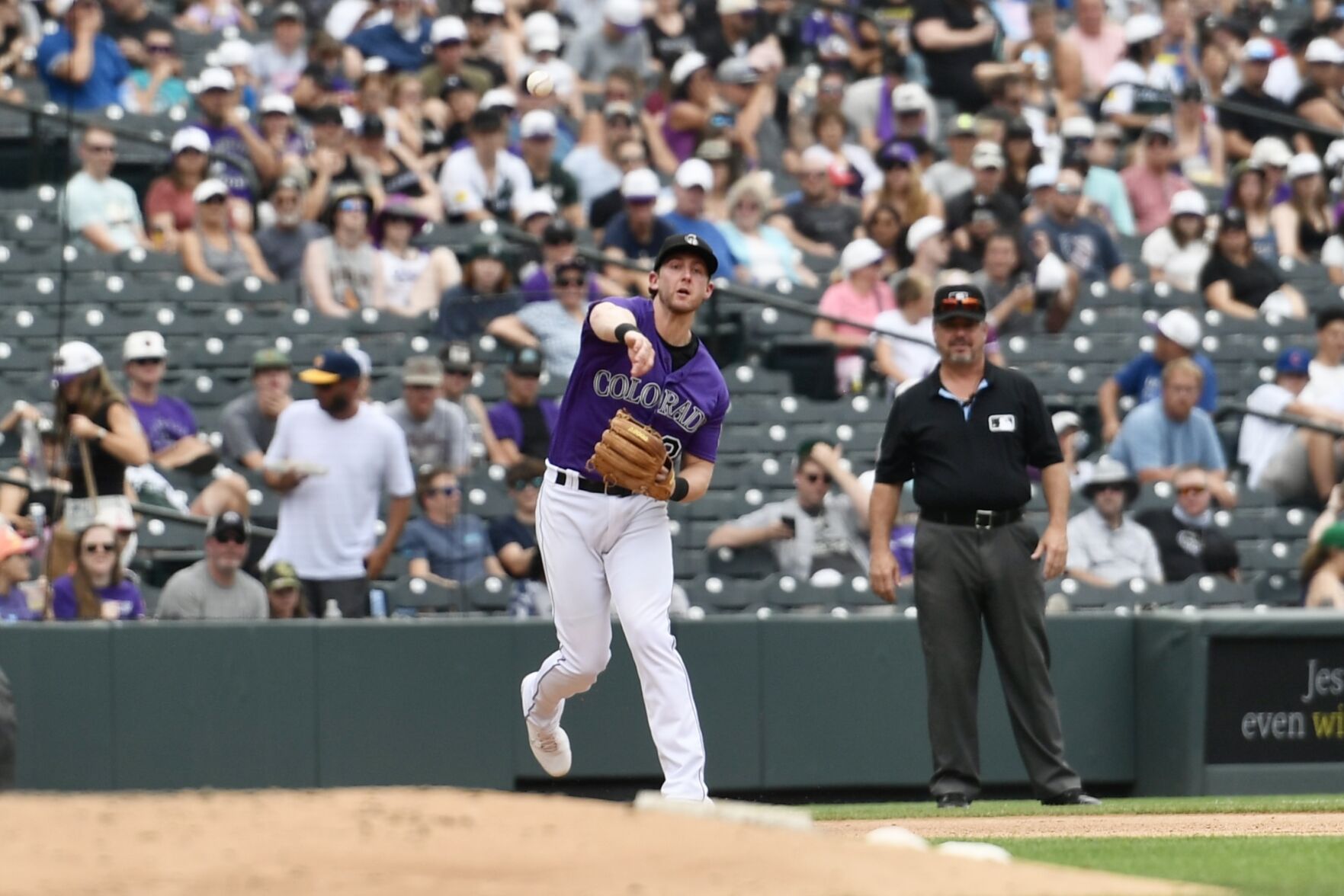 Rockies infielder Ryan McMahon throws to first against the Athletics on Sunday, July 30, 2023. (CarsonFieldcarson.field@gazette.comhttps://secure.gravatar.com/avatar/c524ef3d384945349bed78d70eb2d2cd?d=mm&r=g)