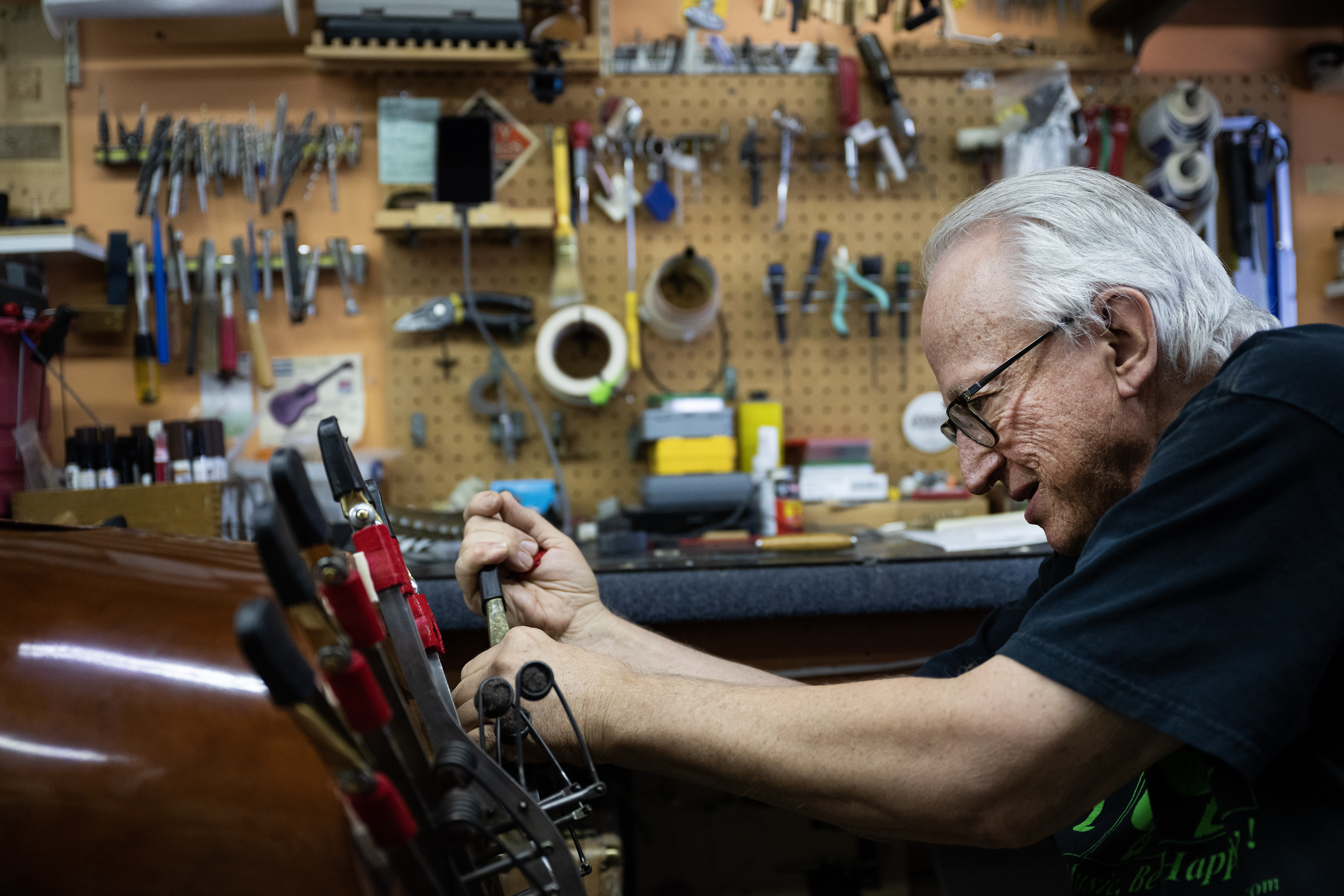 Co-owner David Kolacny removes the old felt on the pedal rods while working on a backlog of harp repairs and regulations on Monday, July 17, 2023, at Kolacny Music Co. in Denver, Colo. (Timothy Hurst/Denver Gazette) (TimHursttim.hurst@gazette.comhttps://secure.gravatar.com/avatar/aca82bd62b4ee425c598527cd6faa1b1?d=mm&r=g)