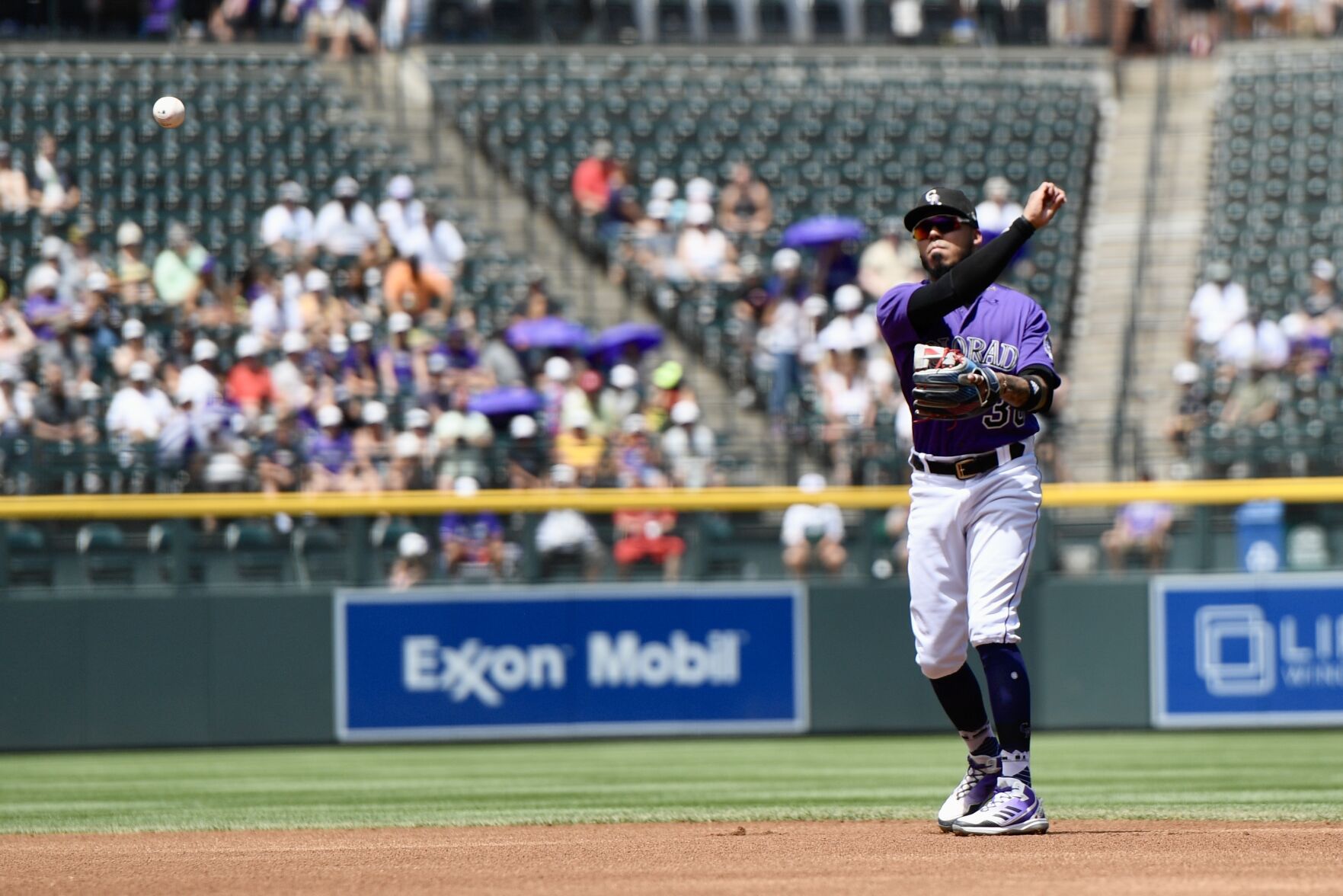 Rockies infielder Harold Castro throws to first against the Athletics on Sunday, July 30, 2023. (CarsonFieldcarson.field@gazette.comhttps://secure.gravatar.com/avatar/c524ef3d384945349bed78d70eb2d2cd?d=mm&r=g)