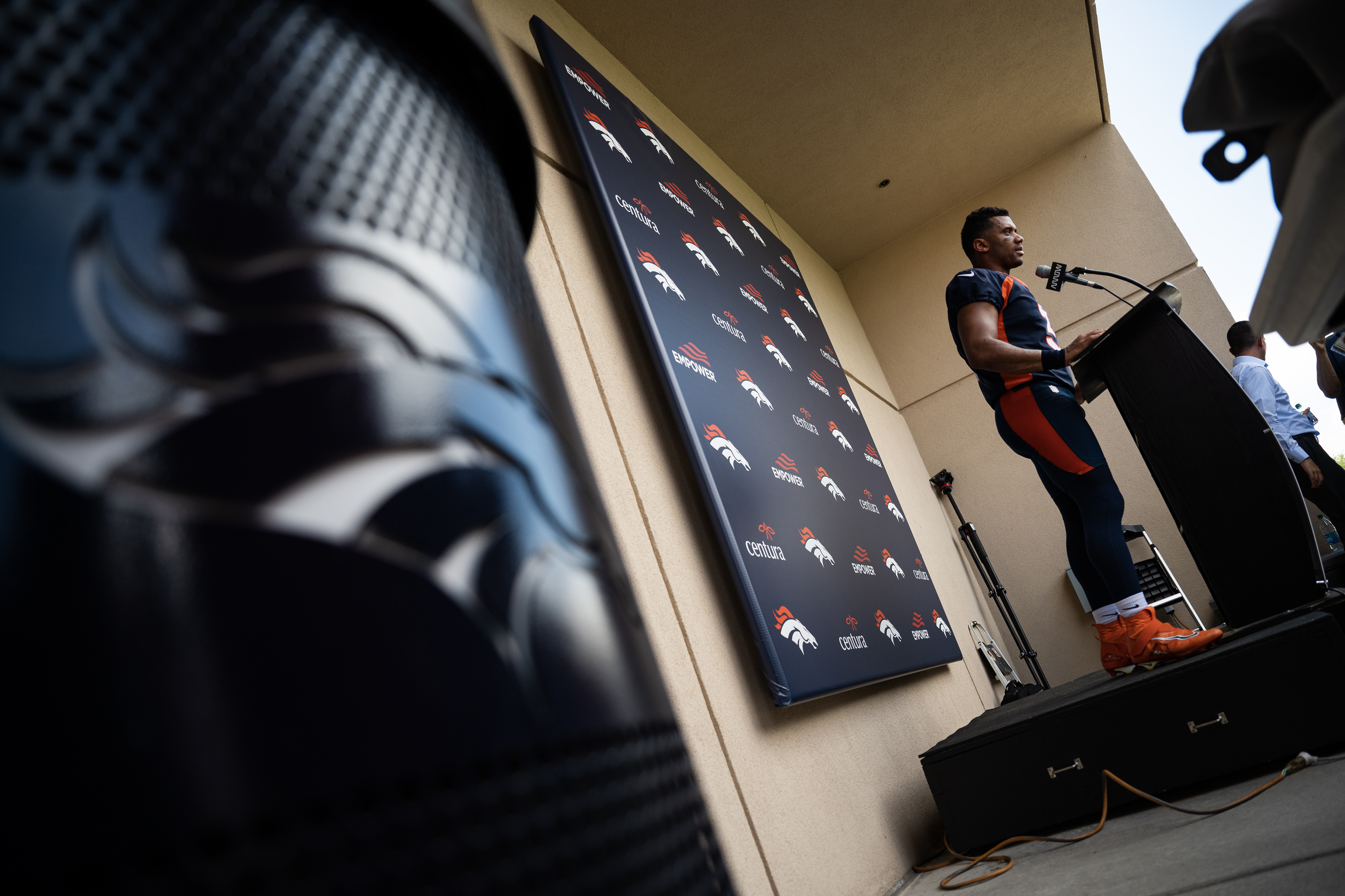 Denver Broncos quarterback Russell Wilson (3) speaks with media after training camp on Friday, July 28, 2023, at the Centura Health Training Center in Centennial, Colo. (Timothy Hurst/Denver Gazette) (TimHursttim.hurst@gazette.comhttps://secure.gravatar.com/avatar/aca82bd62b4ee425c598527cd6faa1b1?d=mm&r=g)