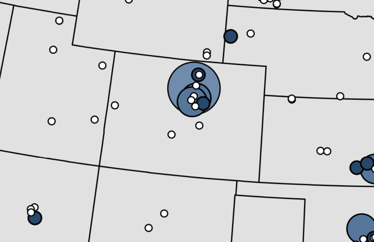 This zoomed-in version of the nationwide map provides a better look at Colorado specifically. A full map key can be found above. A white dot indicates no PFAS detected, while the blue circles indicate detection with the size indicating number of PFAS de...