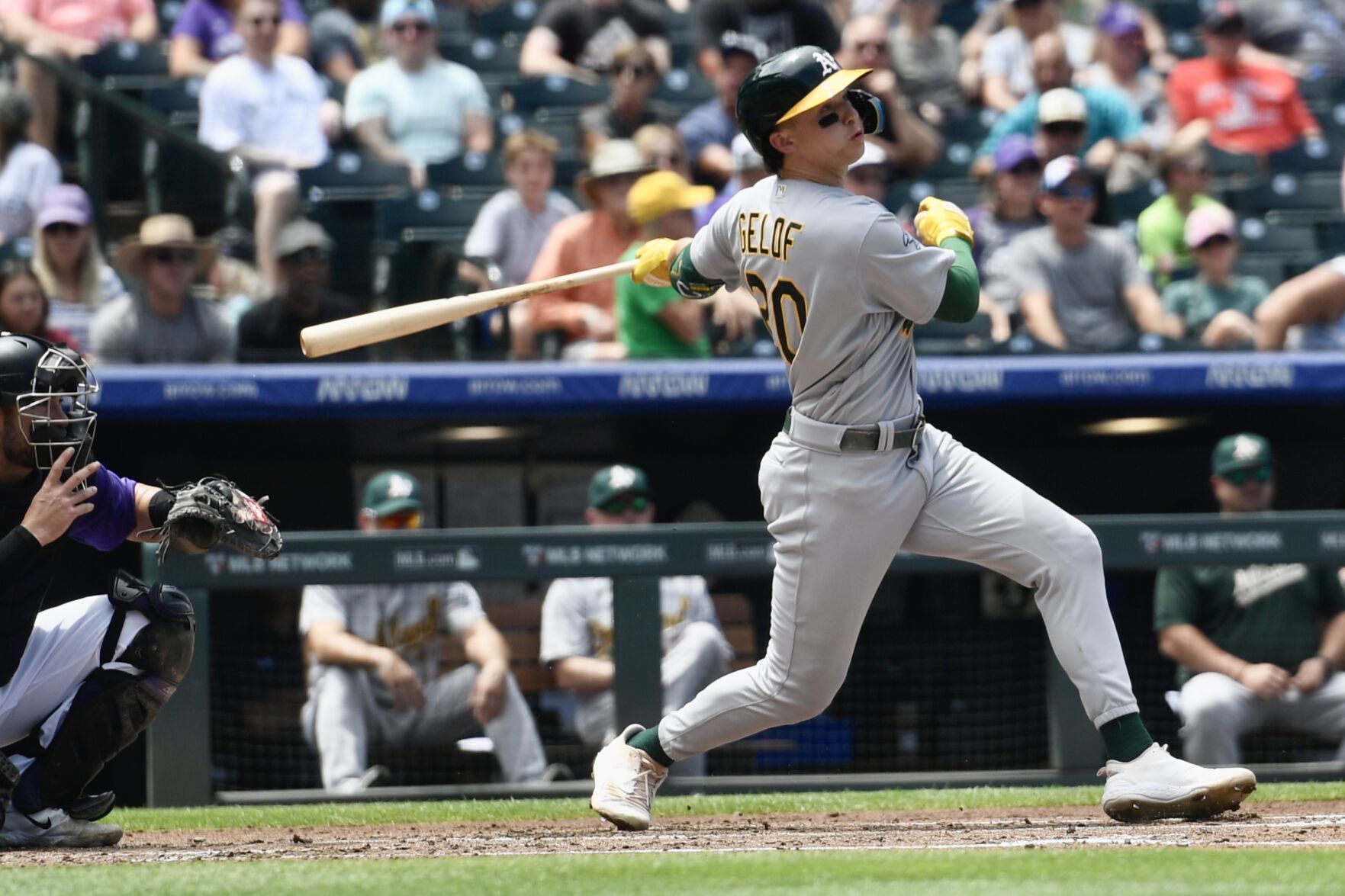 A's infielder Zack Gelof swings against the Athletics on Sunday, July 30, 2023. (CarsonFieldcarson.field@gazette.comhttps://secure.gravatar.com/avatar/c524ef3d384945349bed78d70eb2d2cd?d=mm&r=g)