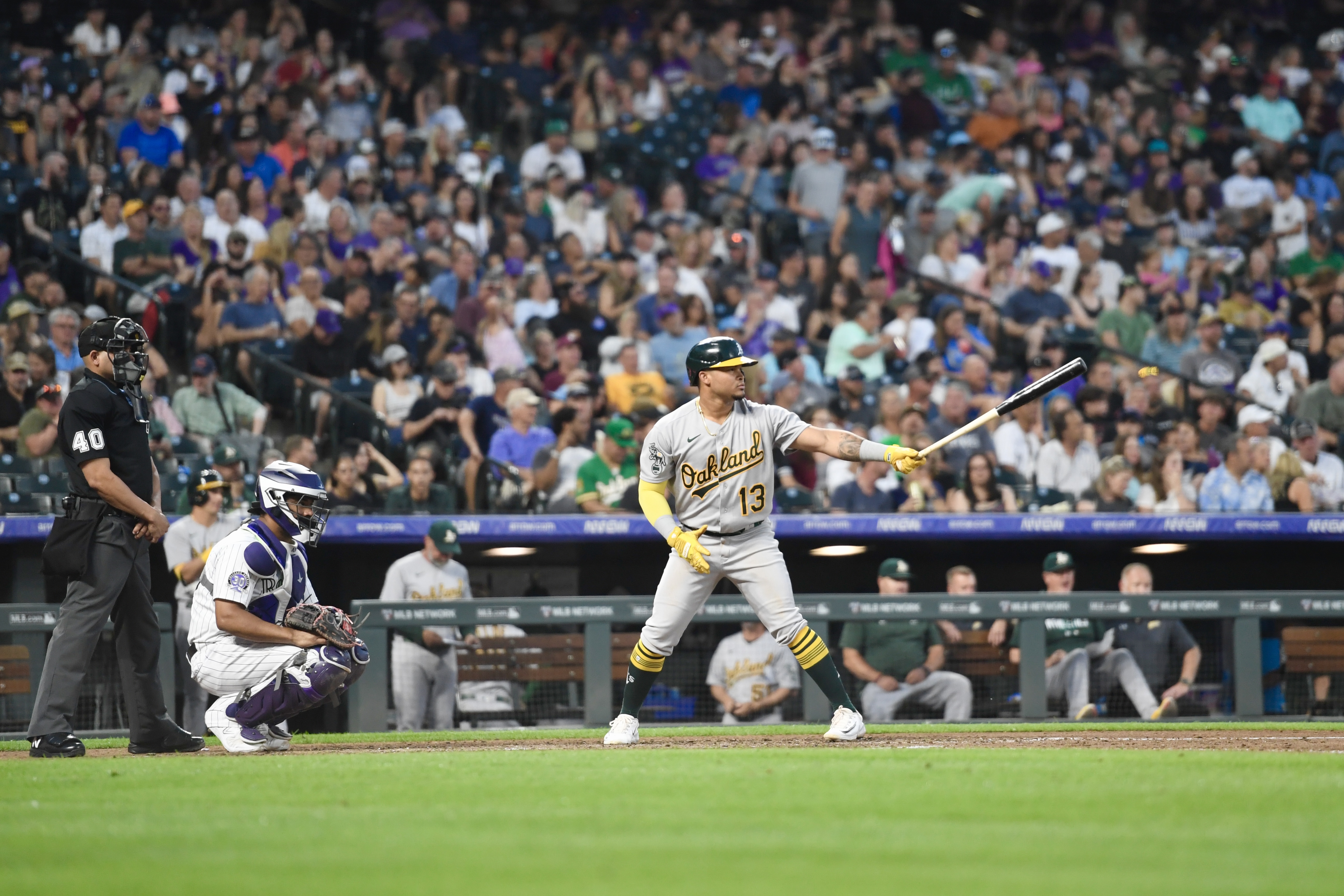 Athletics infielder Jordan Diaz prepares for an at-bat against the Rockies on Friday, July 28, 2023. (CarsonFieldcarson.field@gazette.comhttps://secure.gravatar.com/avatar/c524ef3d384945349bed78d70eb2d2cd?d=mm&r=g)
