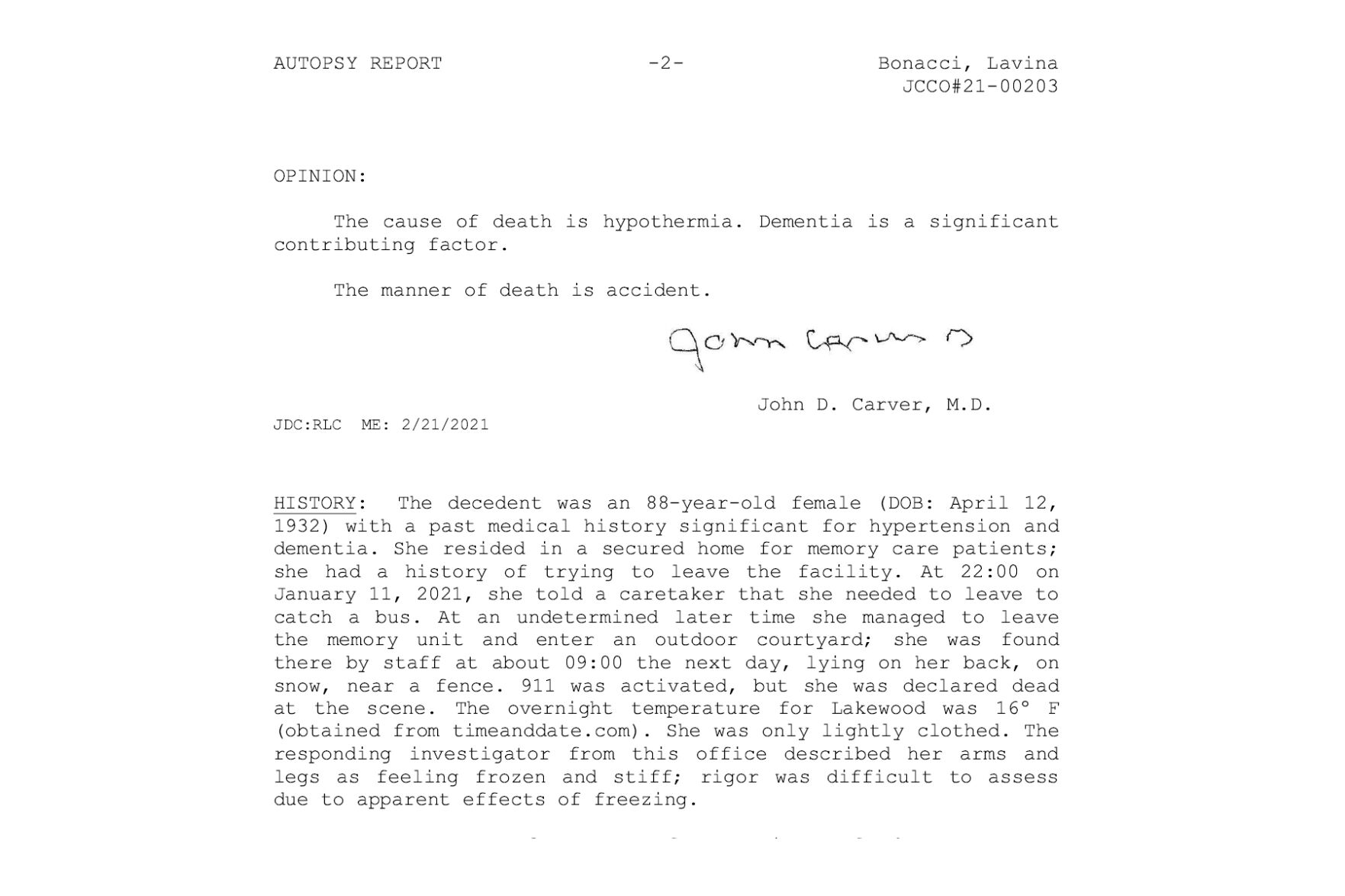 Cause of Death Bonccai report