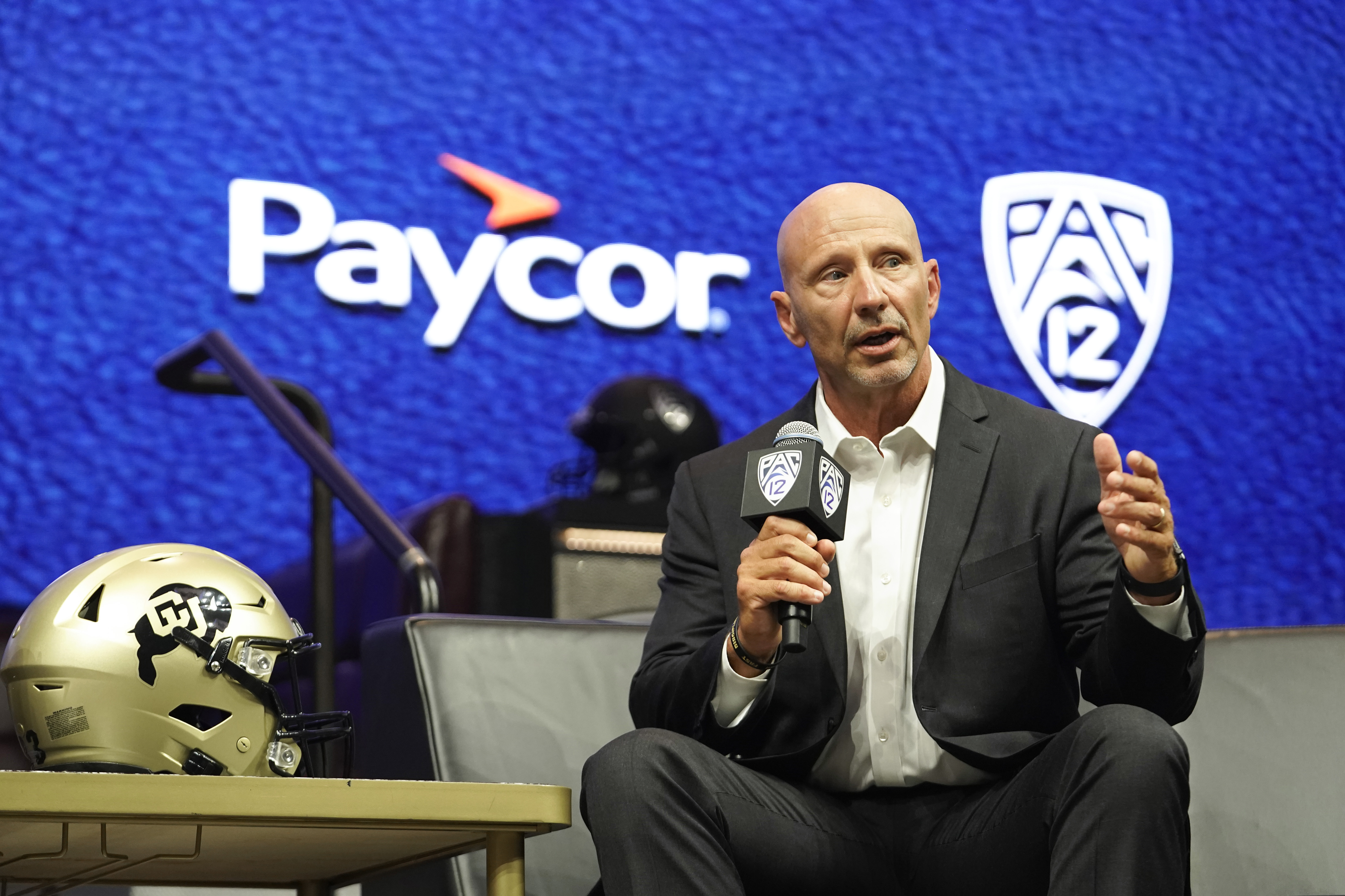 Colorado defensive coordinator Charles Kelly speaks at an NCAA college football Pac-12 media day Friday, July 21, 2023, in Las Vegas. (AP Photo/Lucas Peltier) (Lucas Peltier)