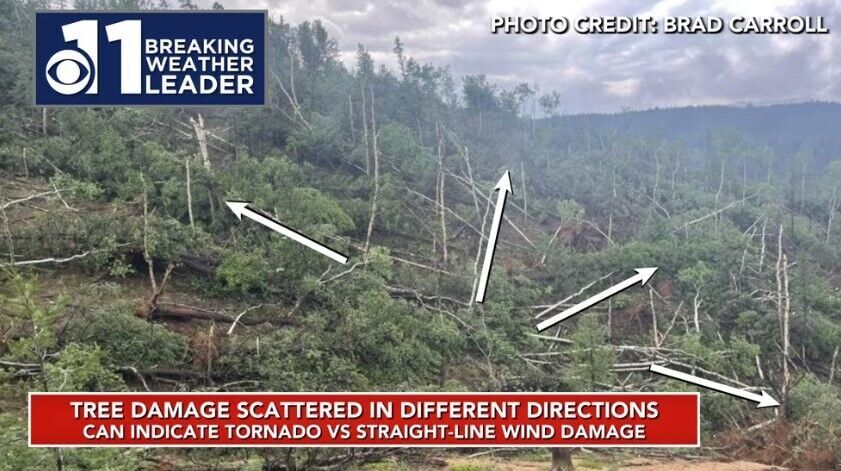 A screen graphic indicates some of the aftermath of a tornado on the slopes of Pikes Peak on Thursday. (Courtesy KKTV)