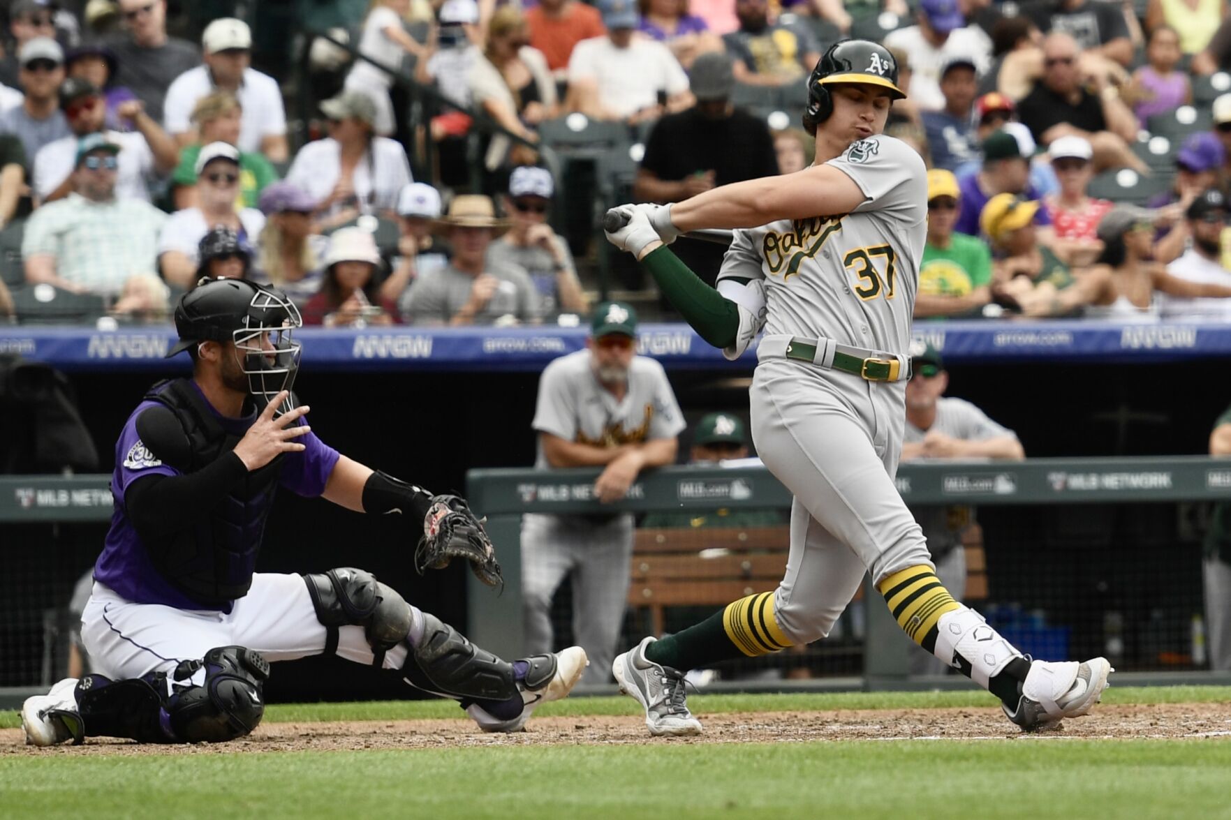 A's catcher Tyler Soderstrom swings against the Rockies on Sunday, July 30, 2023. (CarsonFieldcarson.field@gazette.comhttps://secure.gravatar.com/avatar/c524ef3d384945349bed78d70eb2d2cd?d=mm&r=g)
