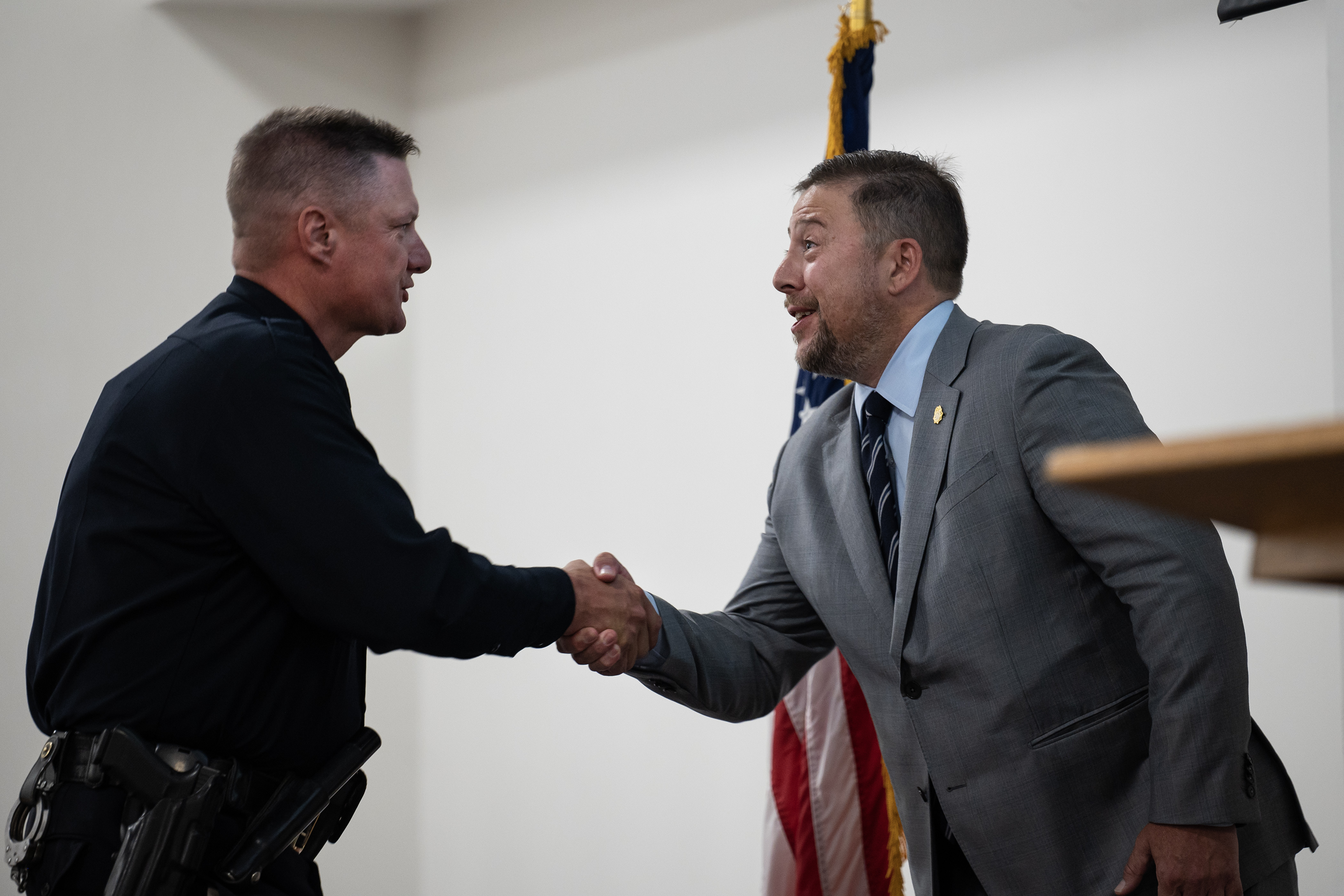 Denver Police Department officer Bradley Dore is greeted by Denver Police Foundation chairman Christian Anschutz while receiving the Lifesaver award during the Denver Police Foundation Award Ceremony on Monday, July 24, 2023, at The Curtis Hotel in Denver, Colo. (Timothy Hurst/Denver Gazette) (TimHursttim.hurst@gazette.comhttps://secure.gravatar.com/avatar/aca82bd62b4ee425c598527cd6faa1b1?d=mm&r=g)