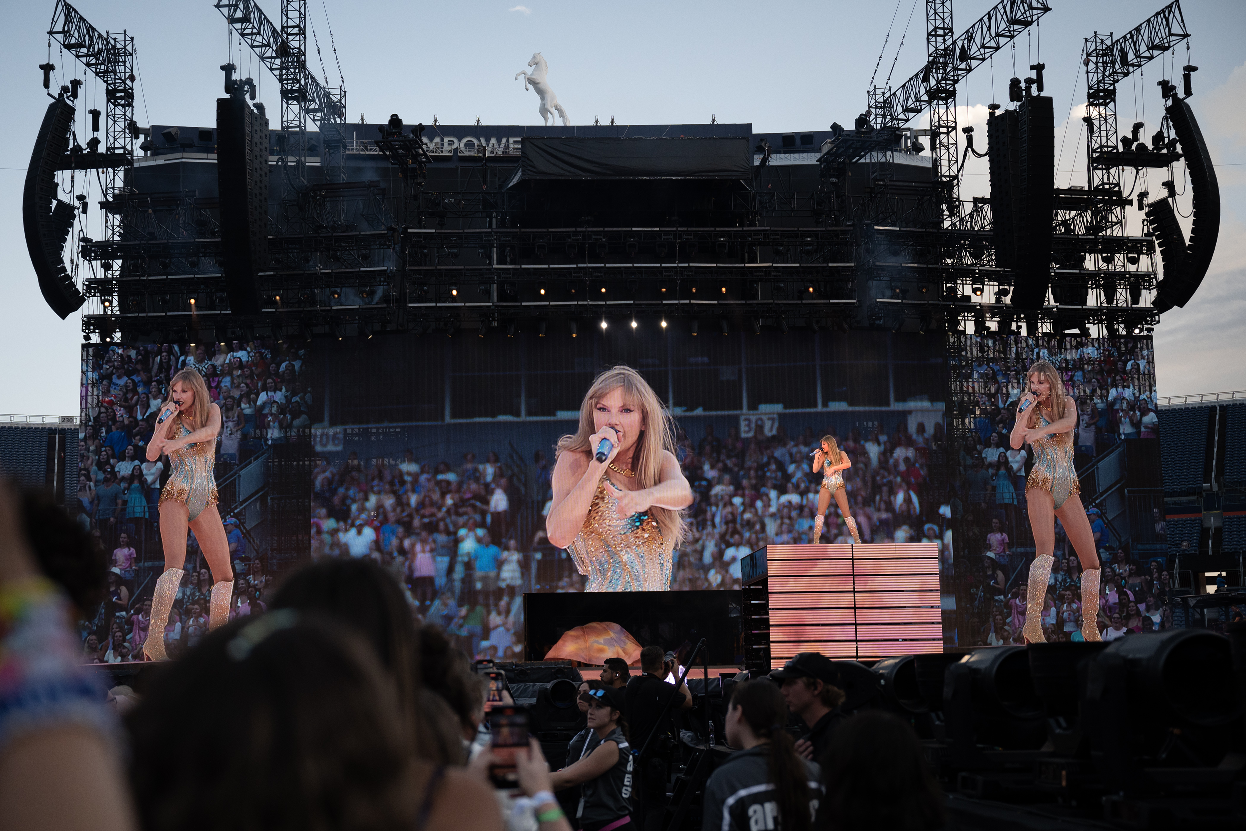 Taylor Swift performs during the first of two shows at Empower Field at Mile High for The Eras Tour on Friday, July 14, 2023, in Denver, Colo. (Timothy Hurst/Denver Gazette) (TimHursttim.hurst@gazette.comhttps://secure.gravatar.com/avatar/aca82bd62b4ee425c598527cd6faa1b1?d=mm&r=g)