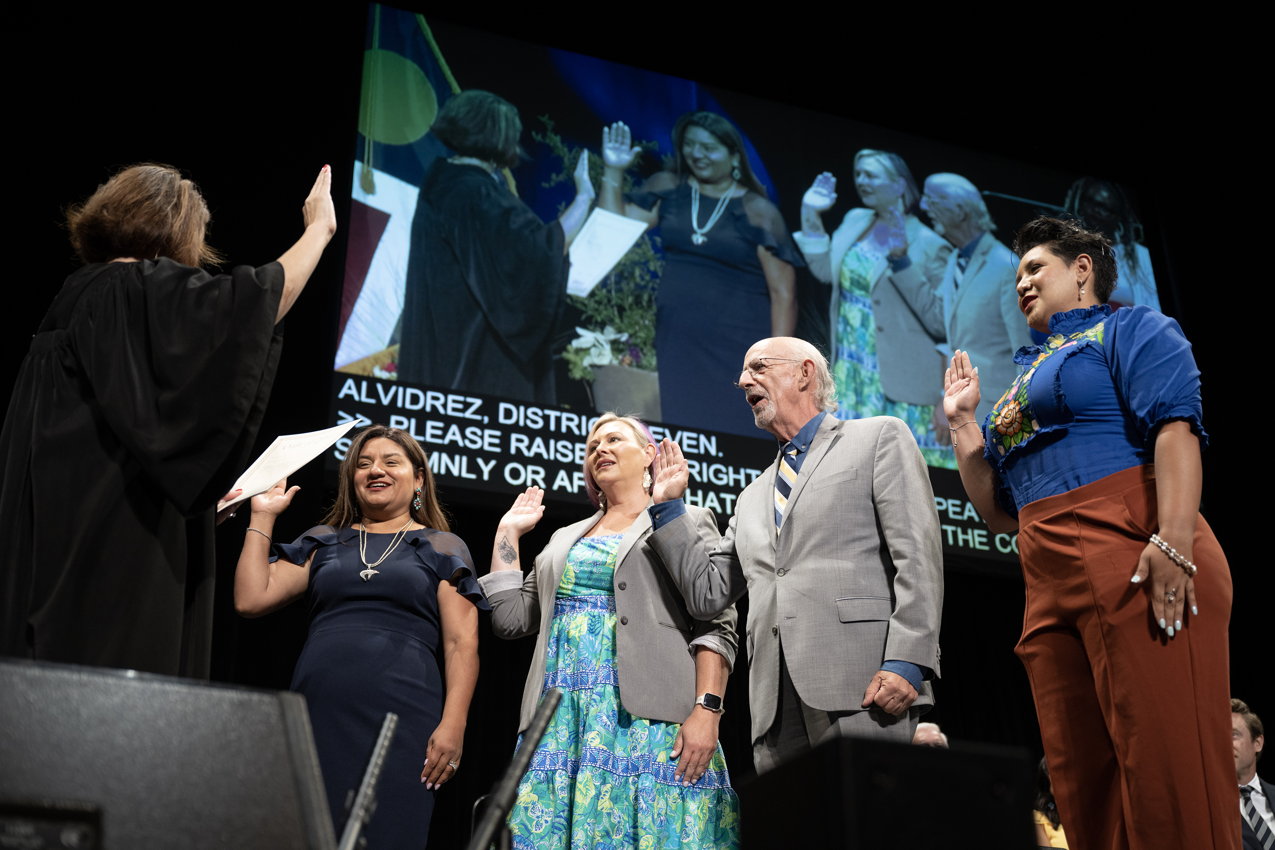 Denver City Council members, from left, Diana Romero Campbell, Amanda Sawyer, Paul Kashmann and Flor Alvidrez take the oath of office from Denver District Court presiding judge Nicole M. Rodarte during the inauguration ceremony for Denver city and county elected officials on Monday, July 17, 2023, at the Ellie Caulkins Opera House in Denver, Colo. (Timothy Hurst/Denver Gazette) (TimHursttim.hurst@gazette.comhttps://secure.gravatar.com/avatar/aca82bd62b4ee425c598527cd6faa1b1?d=mm&r=g)
