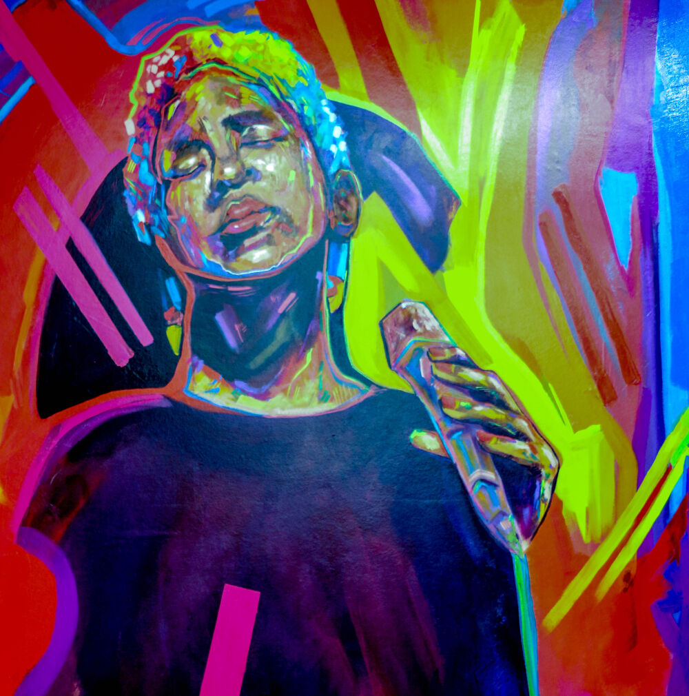 A mural of Rene Marie, who will headline the new Dazzle jazz club when it opens Aug. 4-5, 2023, in its new location at 14th and Arapahoe streets in the Denver Performing Arts Complex. (John Moore, The Denver Gazette)
